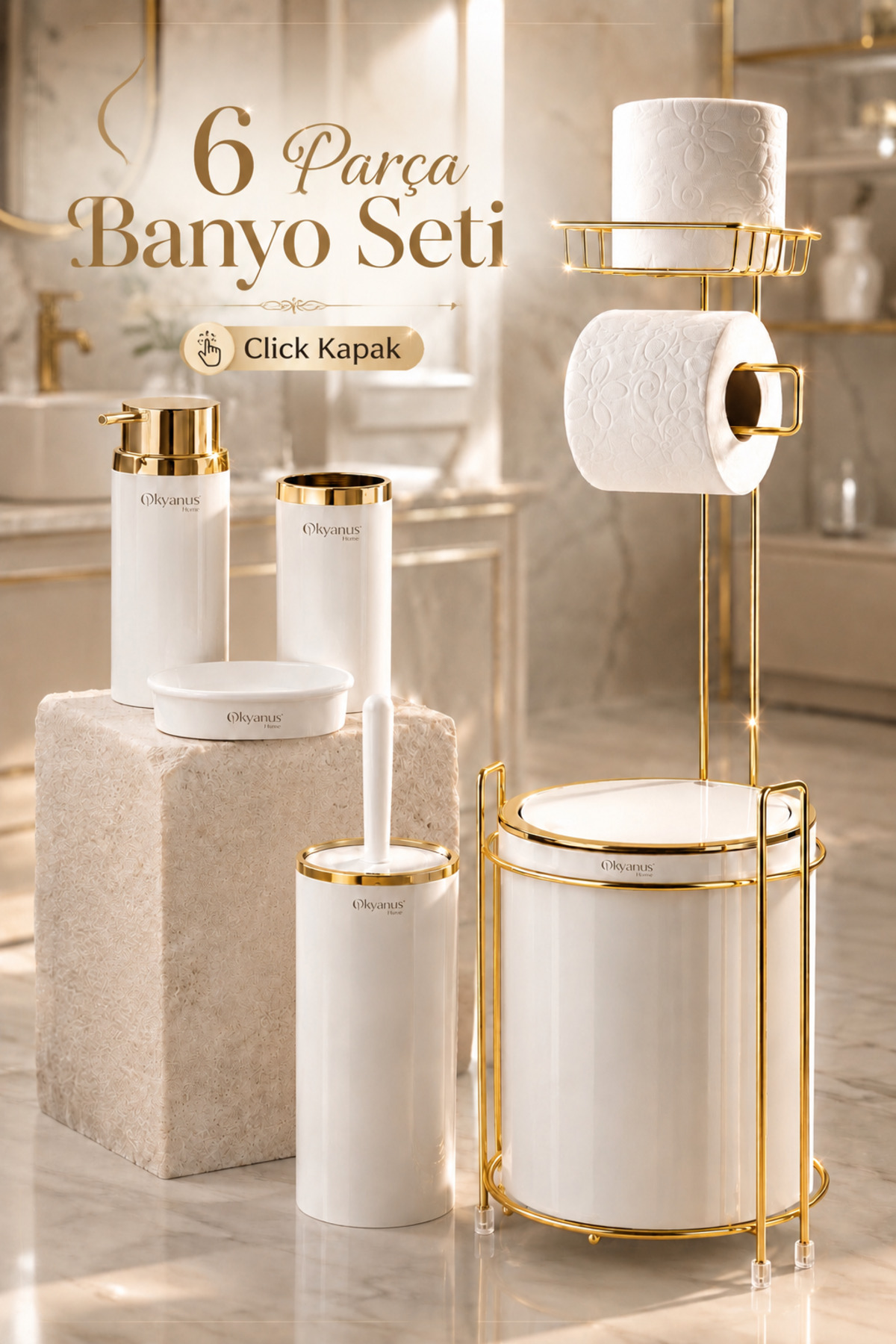 Okyanus Home Yuvarlak Gold Yedekli Wc Kağıtlık ve 6 Parça Banyo Seti - Kırık Beyaz