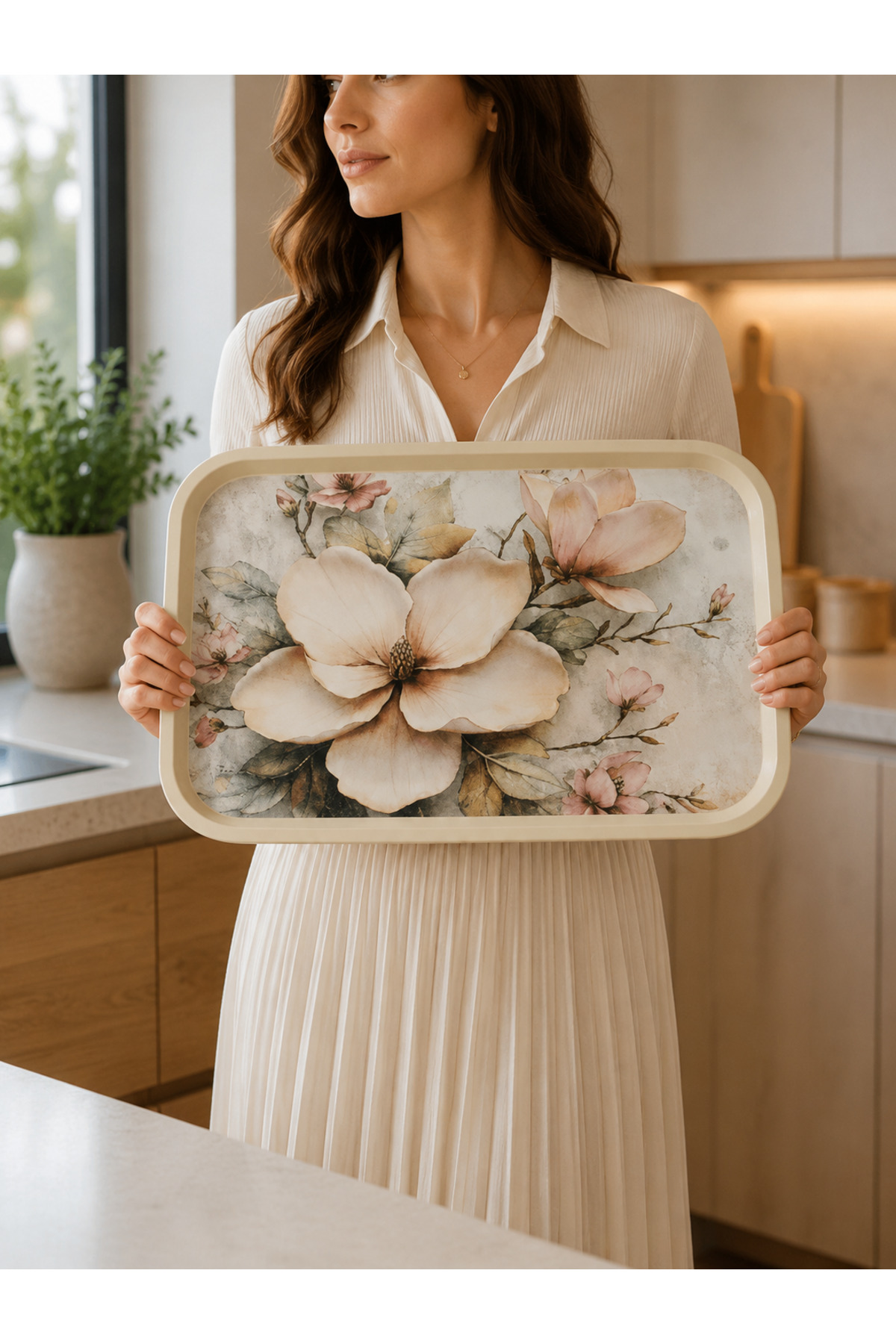 Zucci Home English Vintage Large Tea Serving Tray | Magnolia Bloom | Rectangular Large Presentation Tray 42X32 cm