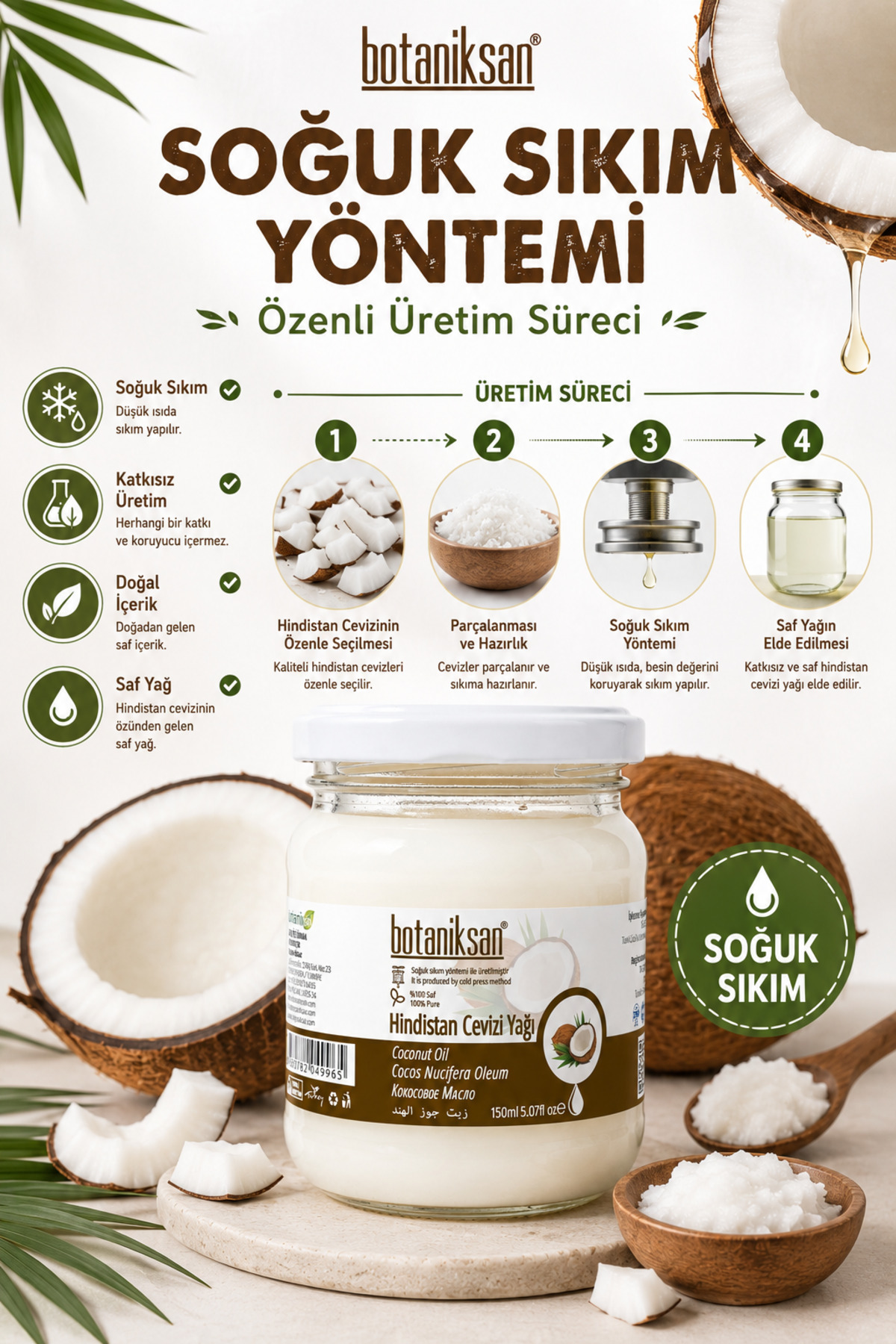 Hindistan Cevizi Yağı 150gr Soğuk Sıkım, Saf, Doğal, Katkısız — HİNDİSTAN CEVİZİ YAĞI 150GR — تصویر 3 از 8