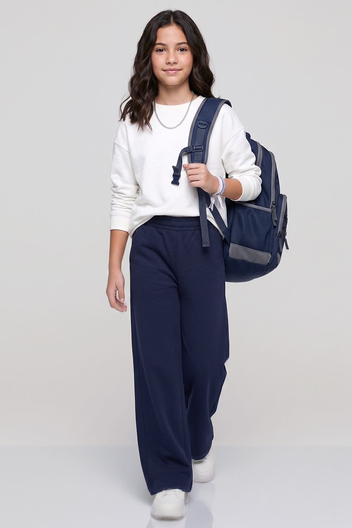 Dmb Girl's Navy Blue Wide Leg Loose-Fitting School Trousers with Lace-Up Waist and Comfortable Cut (Ages 7-15)