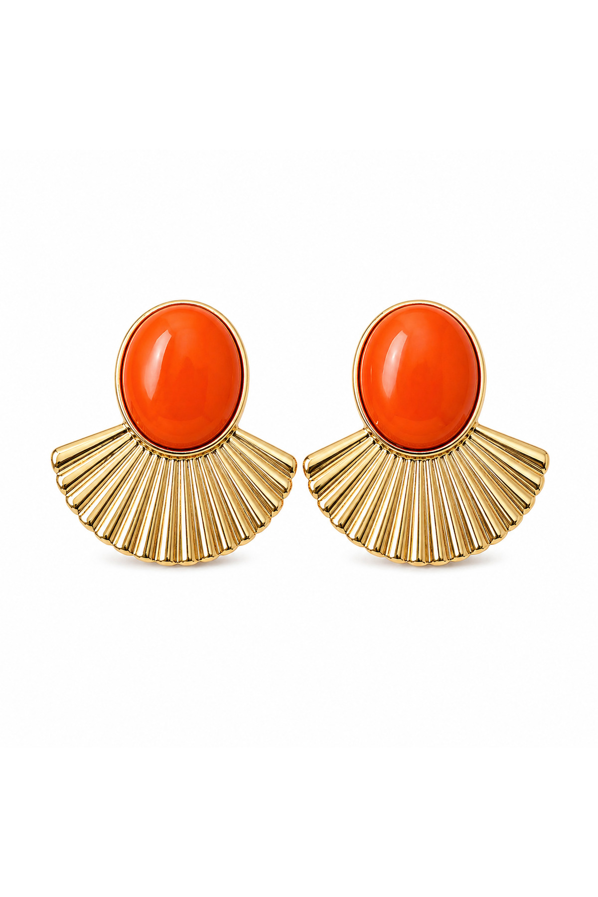 Turuncu Taşlı Gold Yelpaze Küpe – Büyük Boy Şık Vintage Kadın Küpe
