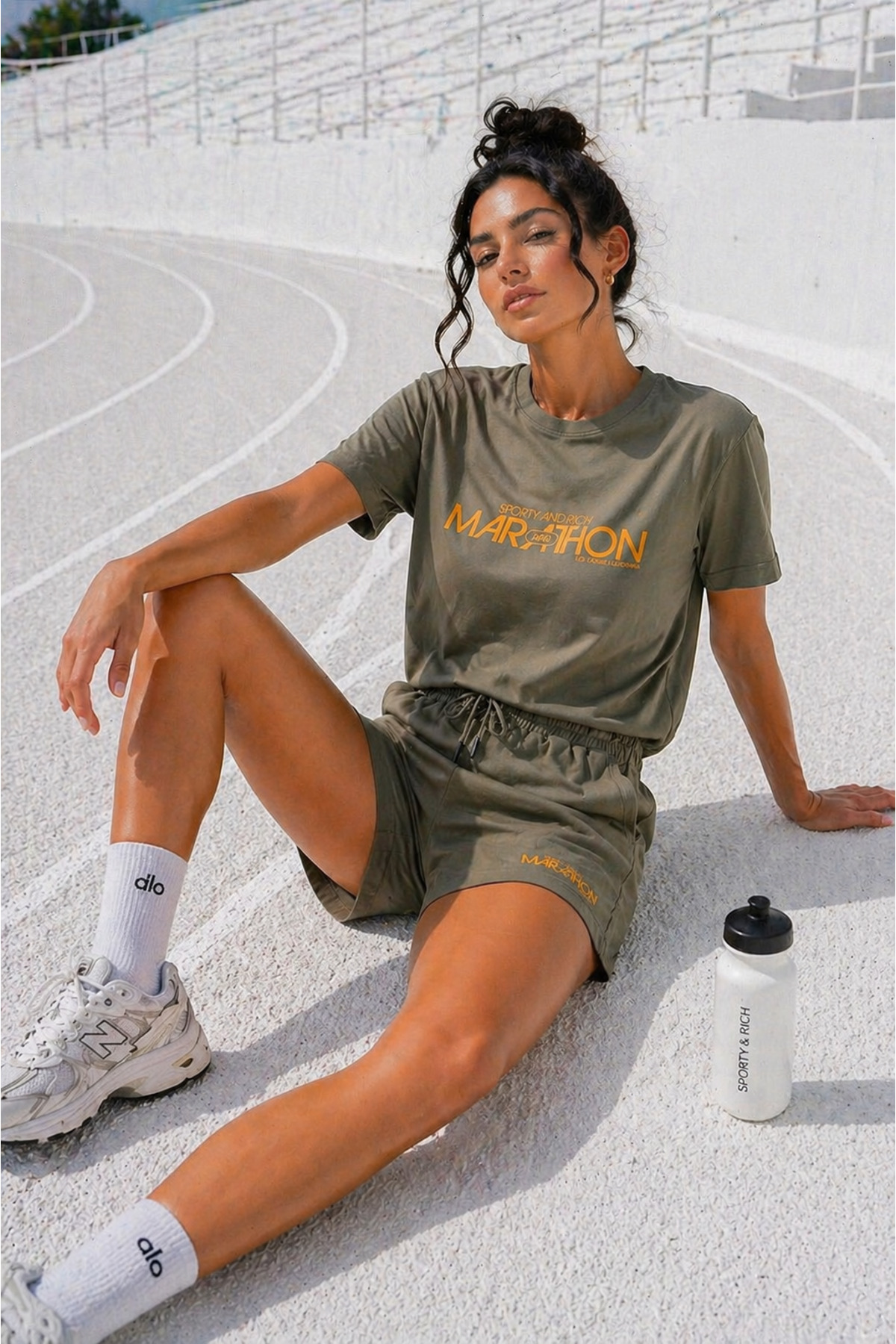 Women's Cotton Sporty&Rich Marathon Short Sleeve Oversized T-Shirt and Shorts Bottom Top Set 2pcs Set