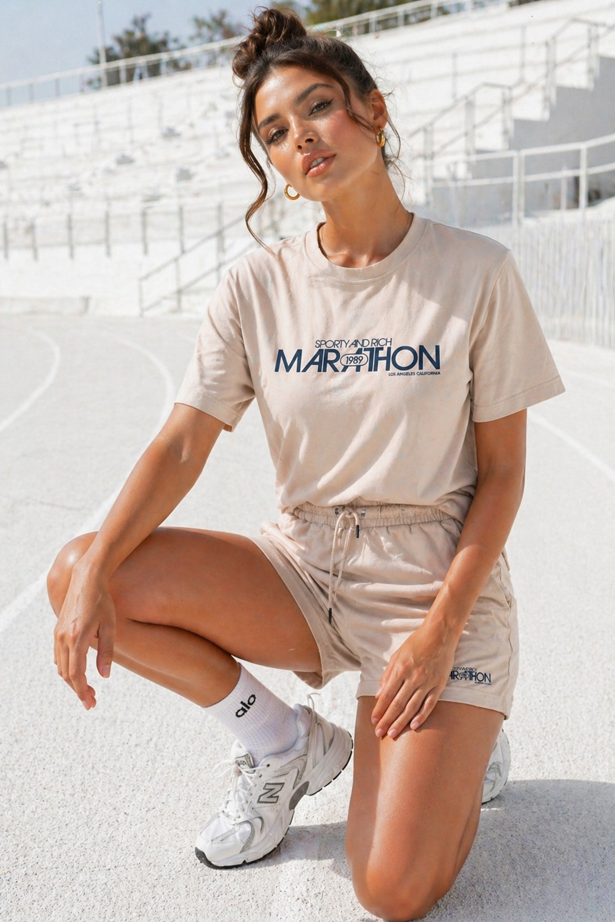 Women's Cotton Sporty&Rich Marathon Short Sleeve Oversized T-Shirt and Shorts Bottom Top Set 2pcs Set