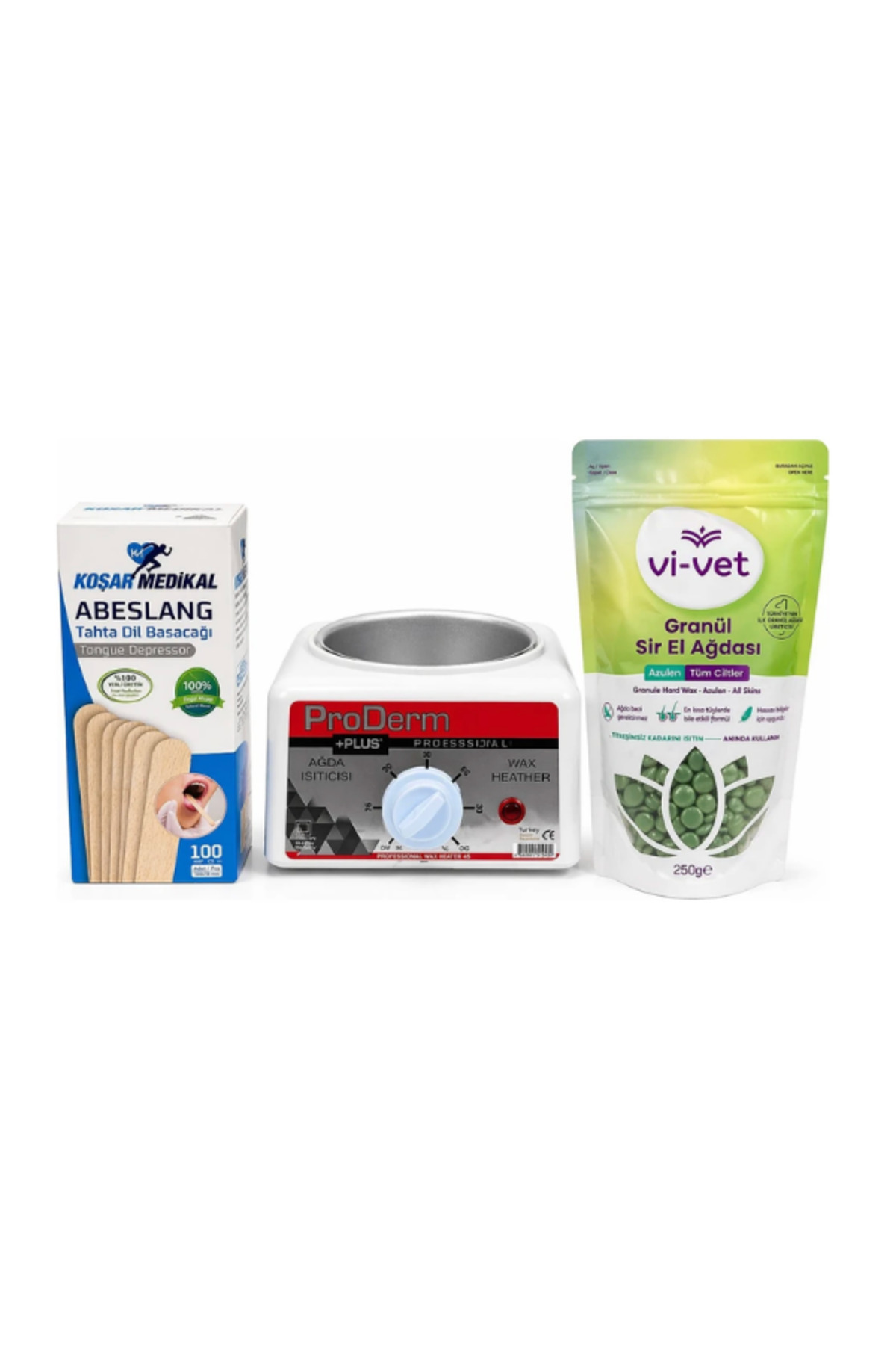 Bozkar Medikal Profesyonel Ağda Seti | ProDerm Ağda Isıtıcı, Azulen Granül Sir Ağda 250g, Spatula 100 Adet | Ev & Salon Kullanımı — AGDA0028001