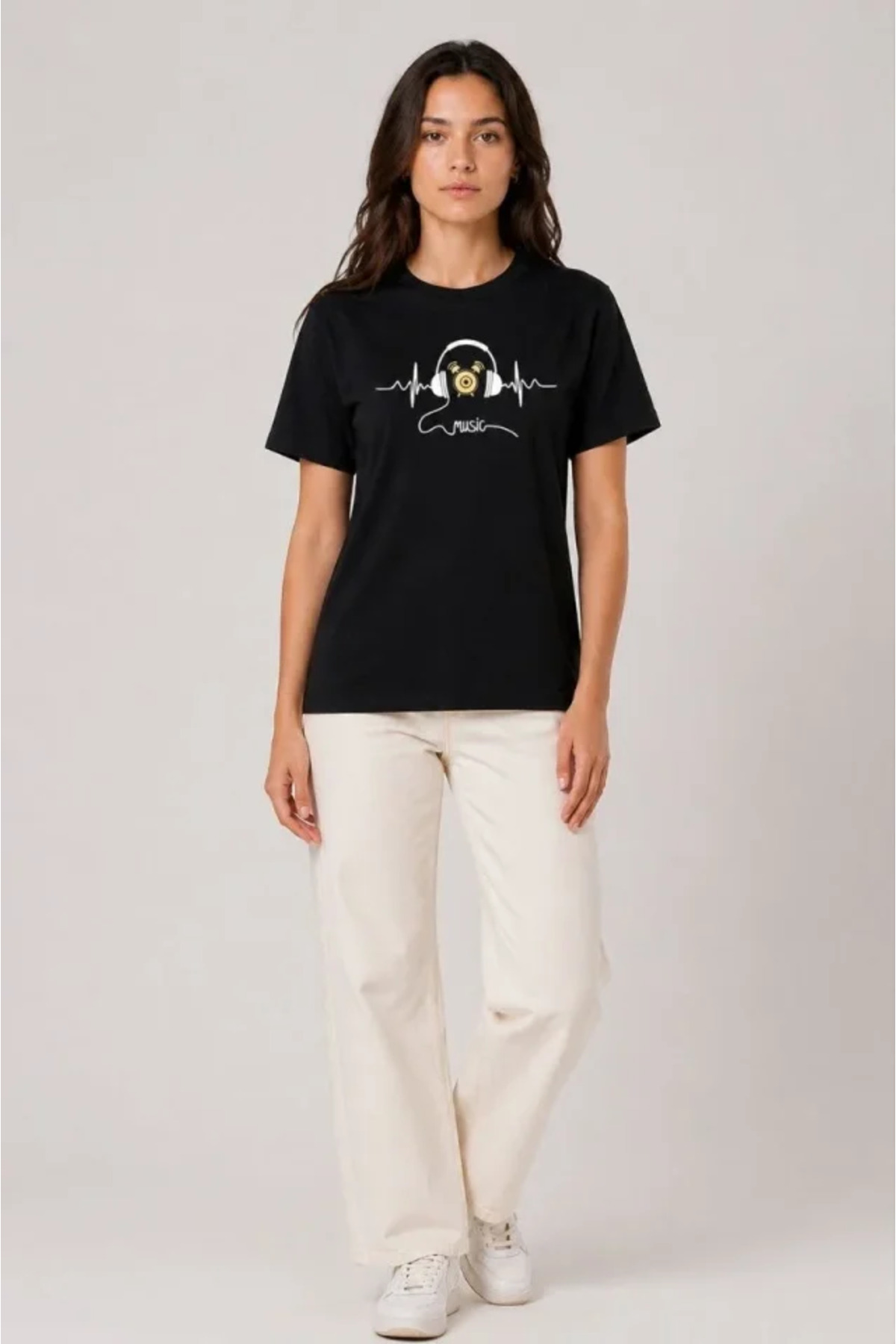 Müzik Temalı Baskılı Tişört Bisiklet Yaka Kısa Kol T-Shirt - Siyah alternatif görünüm