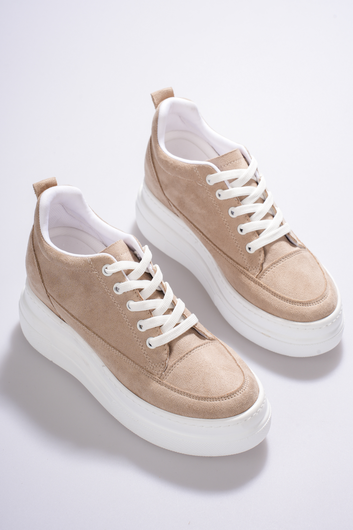 She BOY UZATAN KADIN İÇTEN GİZLİ TOPUKLU VİZON BEJ SPOR AYAKKABI SNEAKER görsel 4