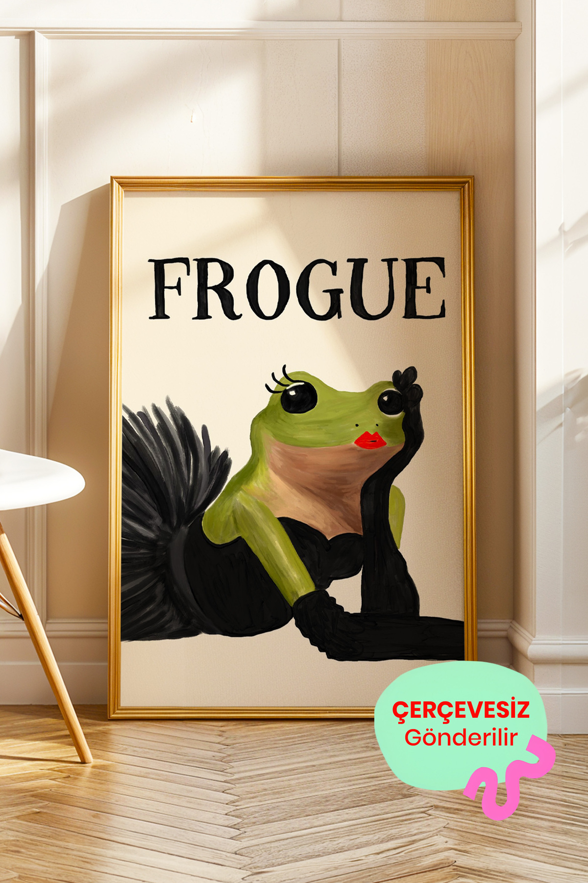 Kurbağa Tablo Poster Kadın Figürlü Komik Modern Sanat Duvar Dekoru Çerçevesiz