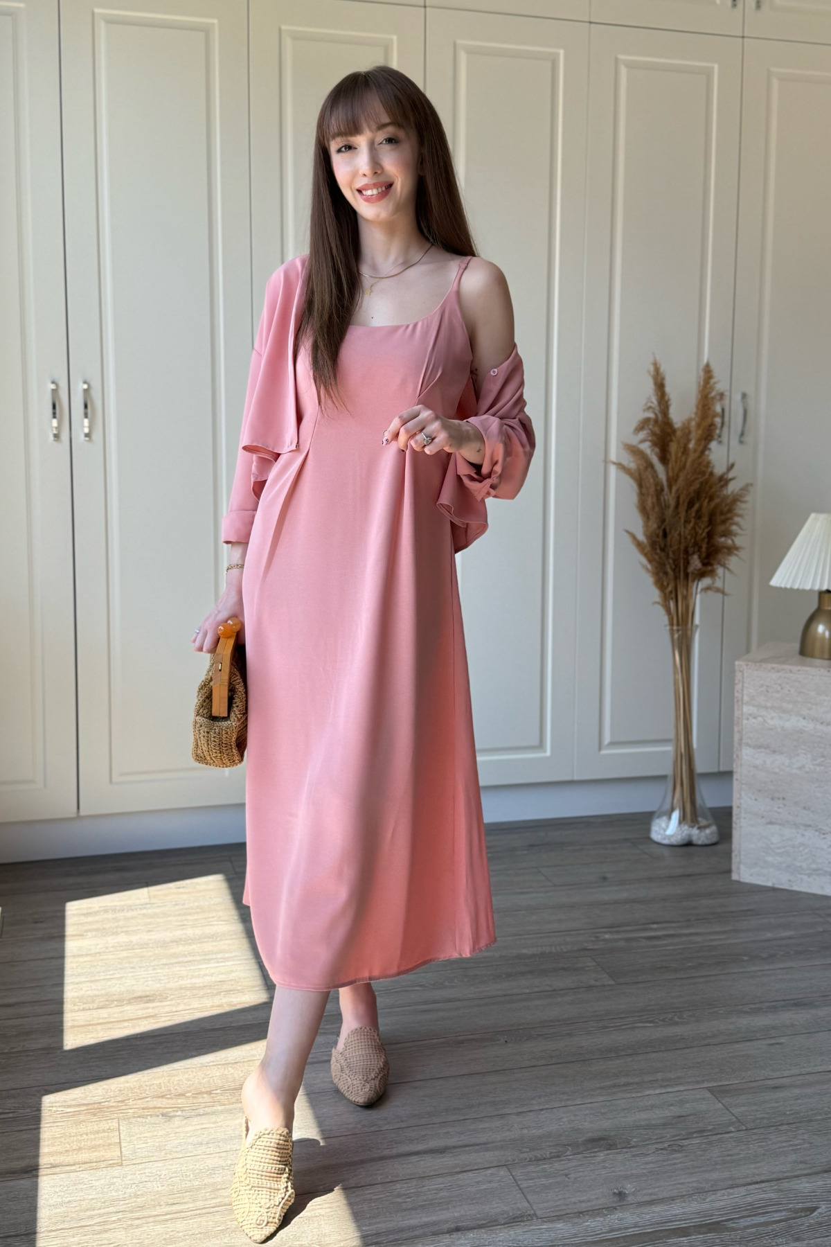 Chest Drape Detailed Shirt Dress Pink Set