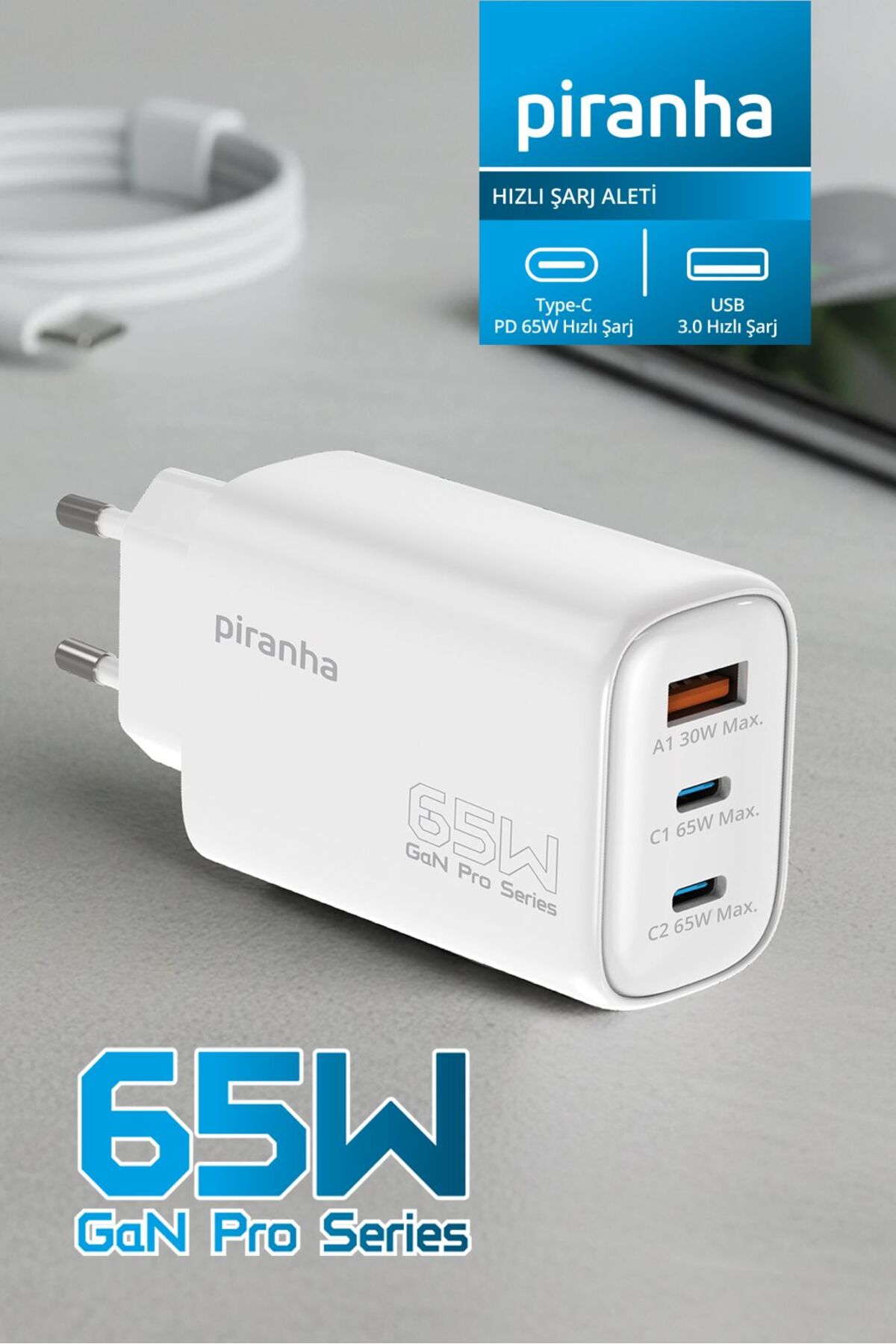 Piranha 3393 65W GaN Pro Hızlı Şarj Aleti 2 Type-C 1 USB PD Hızlı