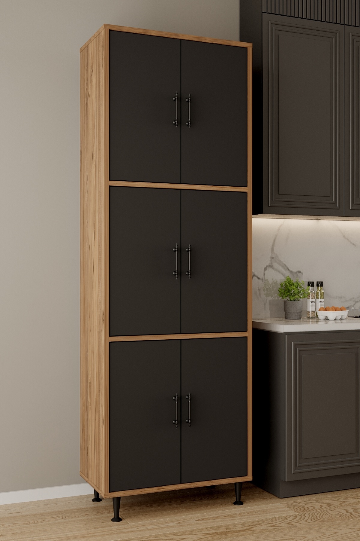 AE-3015 Coral Atlantic Pine/Anthracite 6 Door Multipurpose Cabinet Kitchen Pantry with Shelf Bathroom 195*63*35 Multipurpose Cabinet