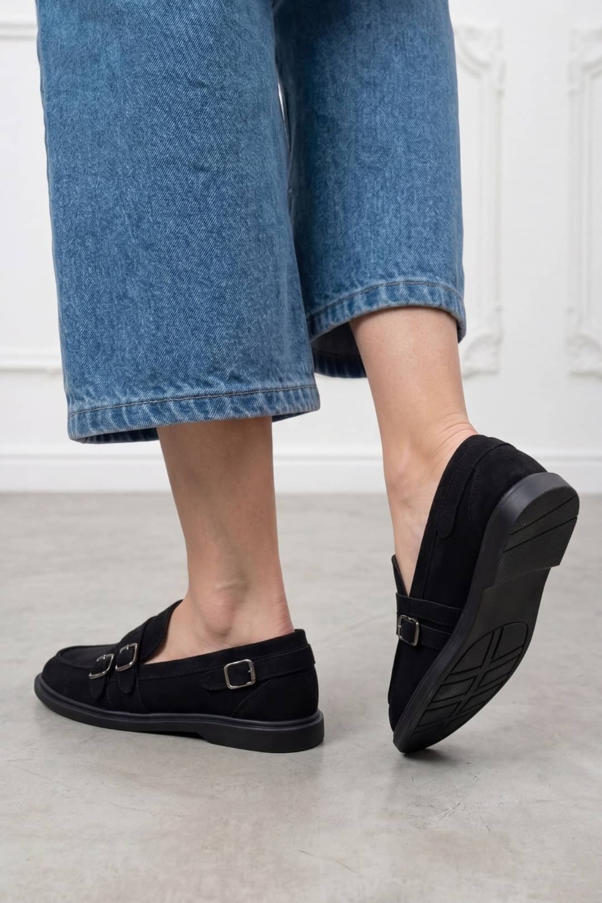 NAVİSHOES Siyah Kadın Ortopedik Loafer Süet Tokalı Günlük Babet Ayakkabı SL851NAV görsel 3