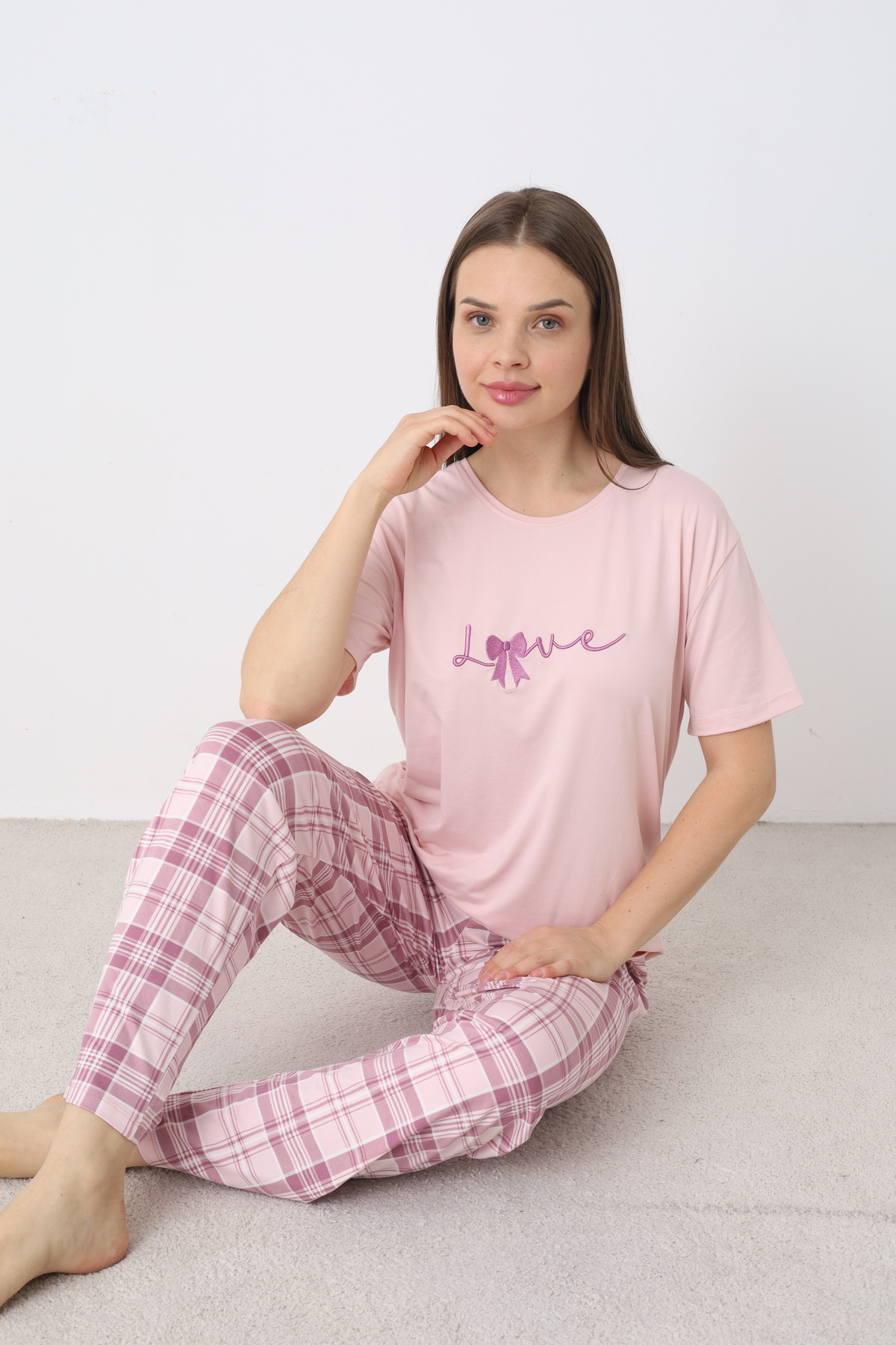 ELİTOL Nakışlı Milan Örme Kısa Kol Kadın Pijama Takımı