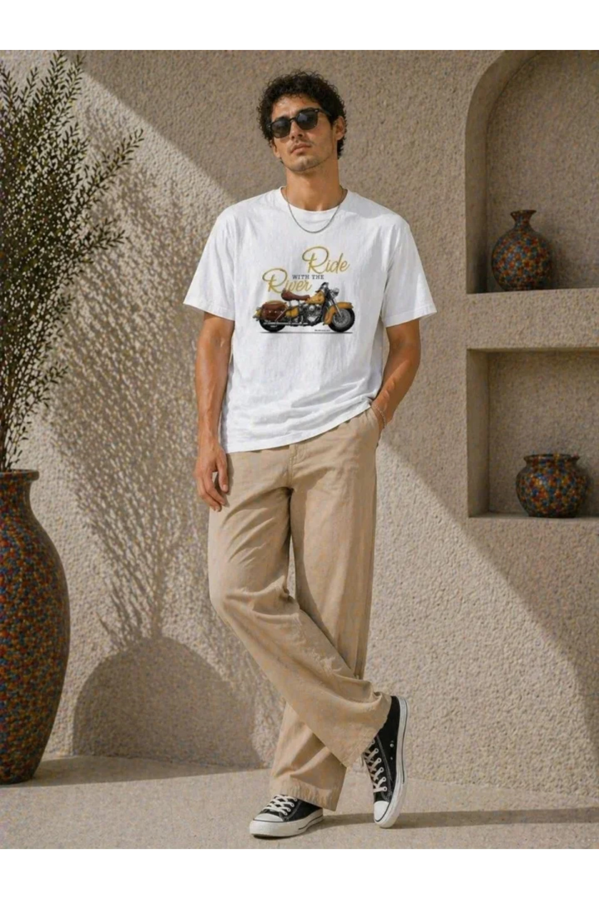 Erkek Motosiklet Baskılı Tişört Bisiklet Yaka Kısa Kol Yazlık T-Shirt - Beyaz alternatif görünüm
