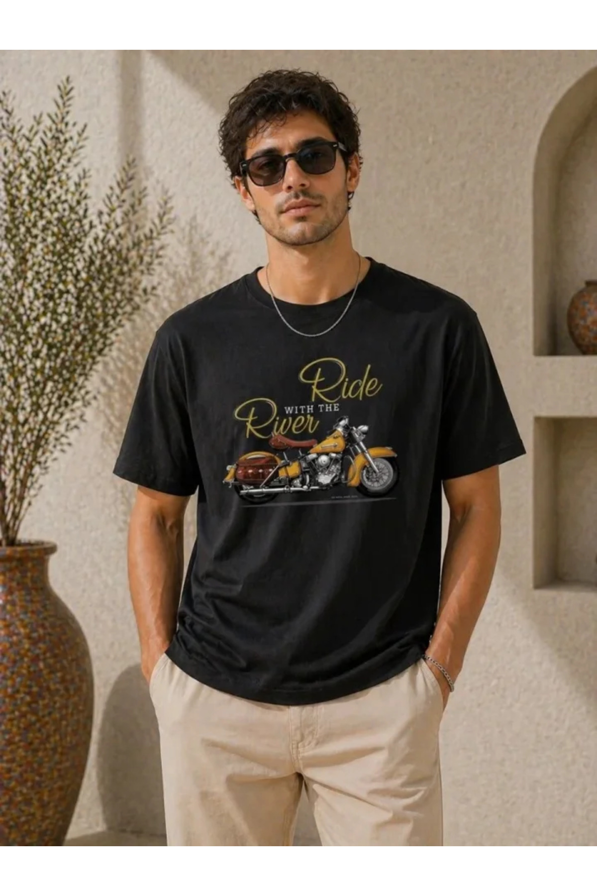 Erkek Motosiklet Baskılı Tişört Bisiklet Yaka Kısa Kol Yazlık T-Shirt - Siyah