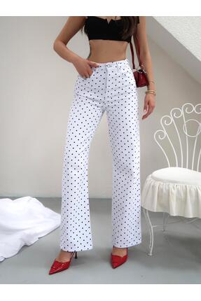 Vooz Kadın Beyaz Puantiyeli Yüksek Bel Bol Paça Pantolon Polka Dot Wide Leg P...
