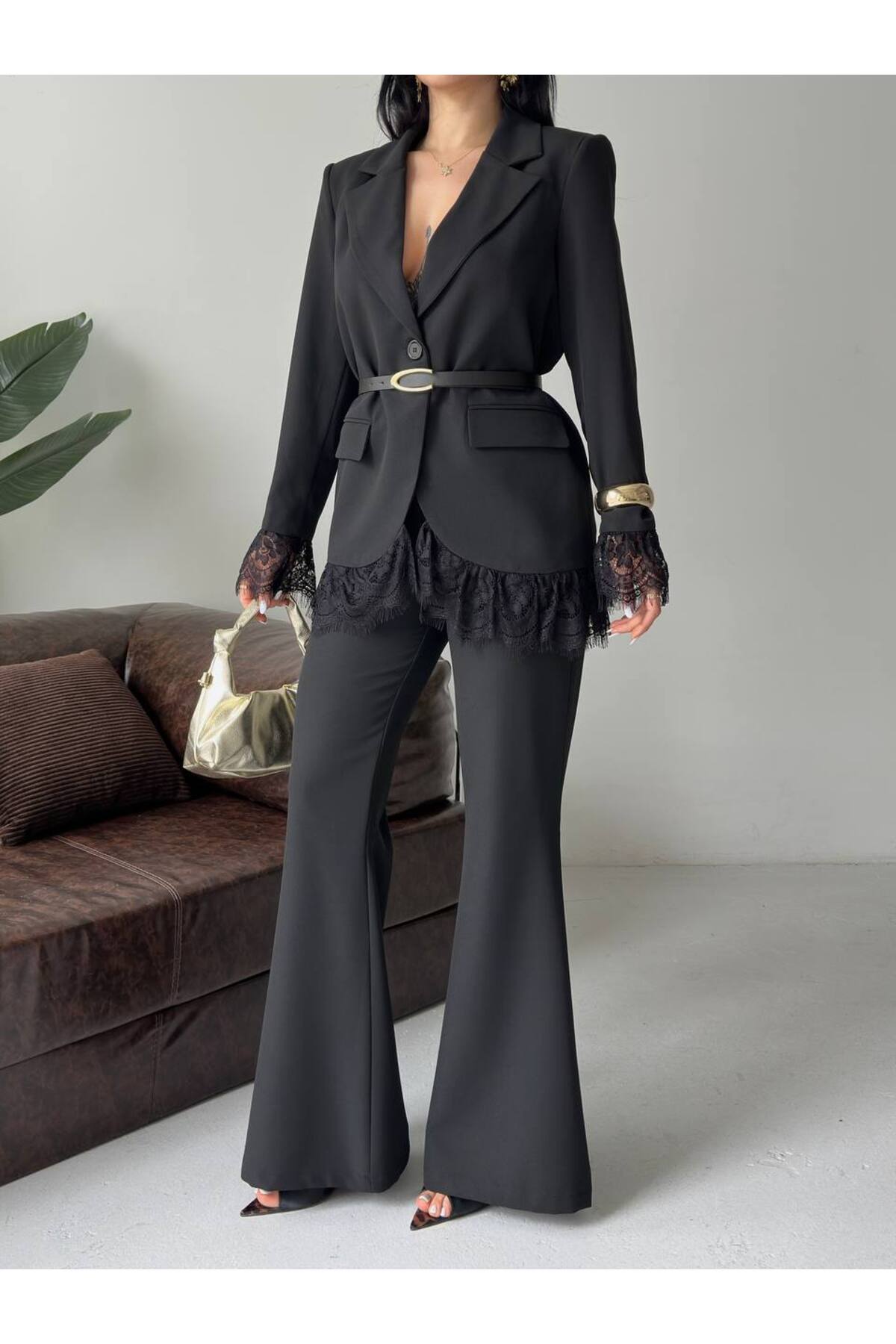 Ensemble Blazer à Détails Dentelle & Pantalon à Pattes d'Éléphant Premium - Görsel 8