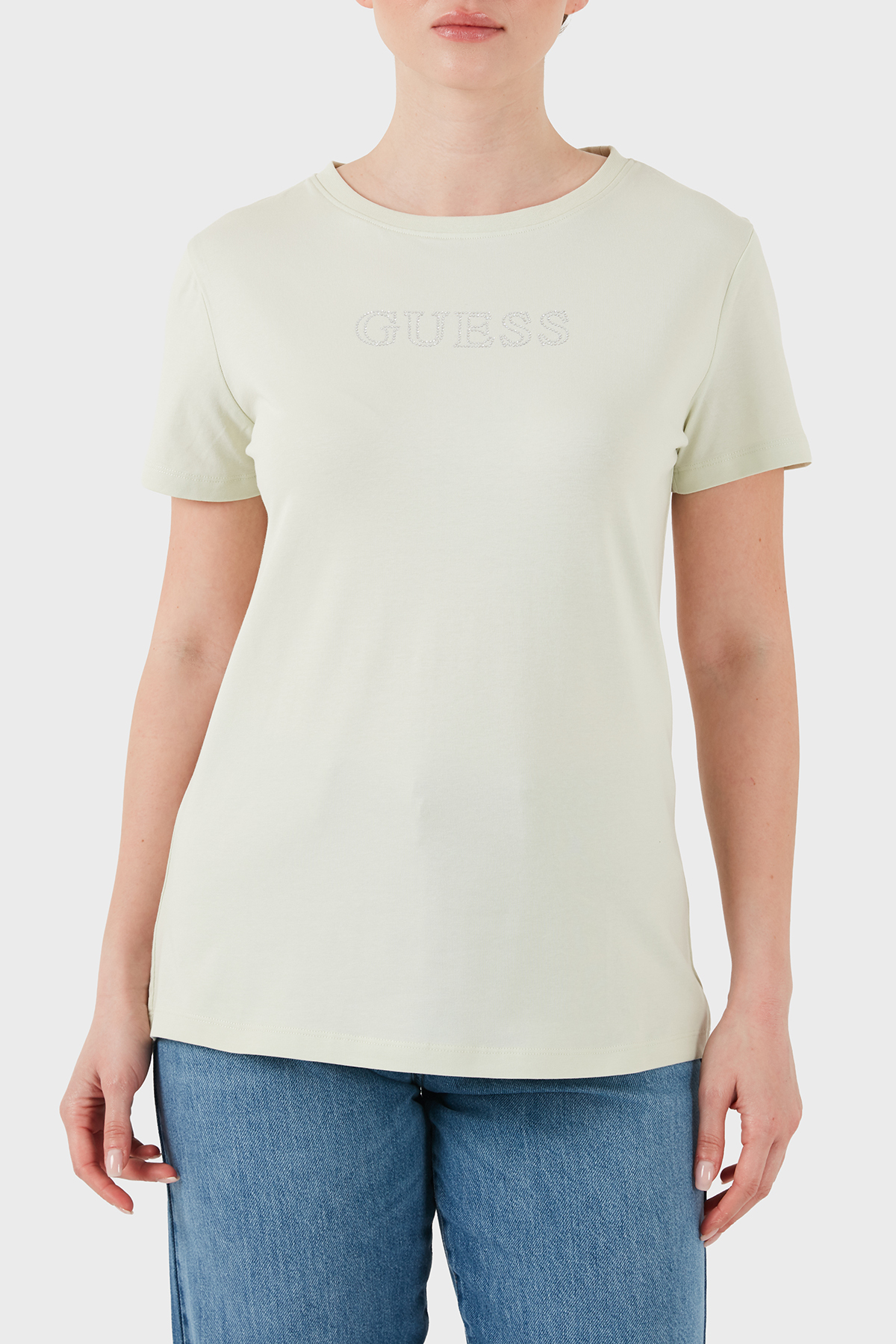 onです Guess Taşlı Logolu Pamuklu Regular Fit Bisiklet Yaka T Shirt