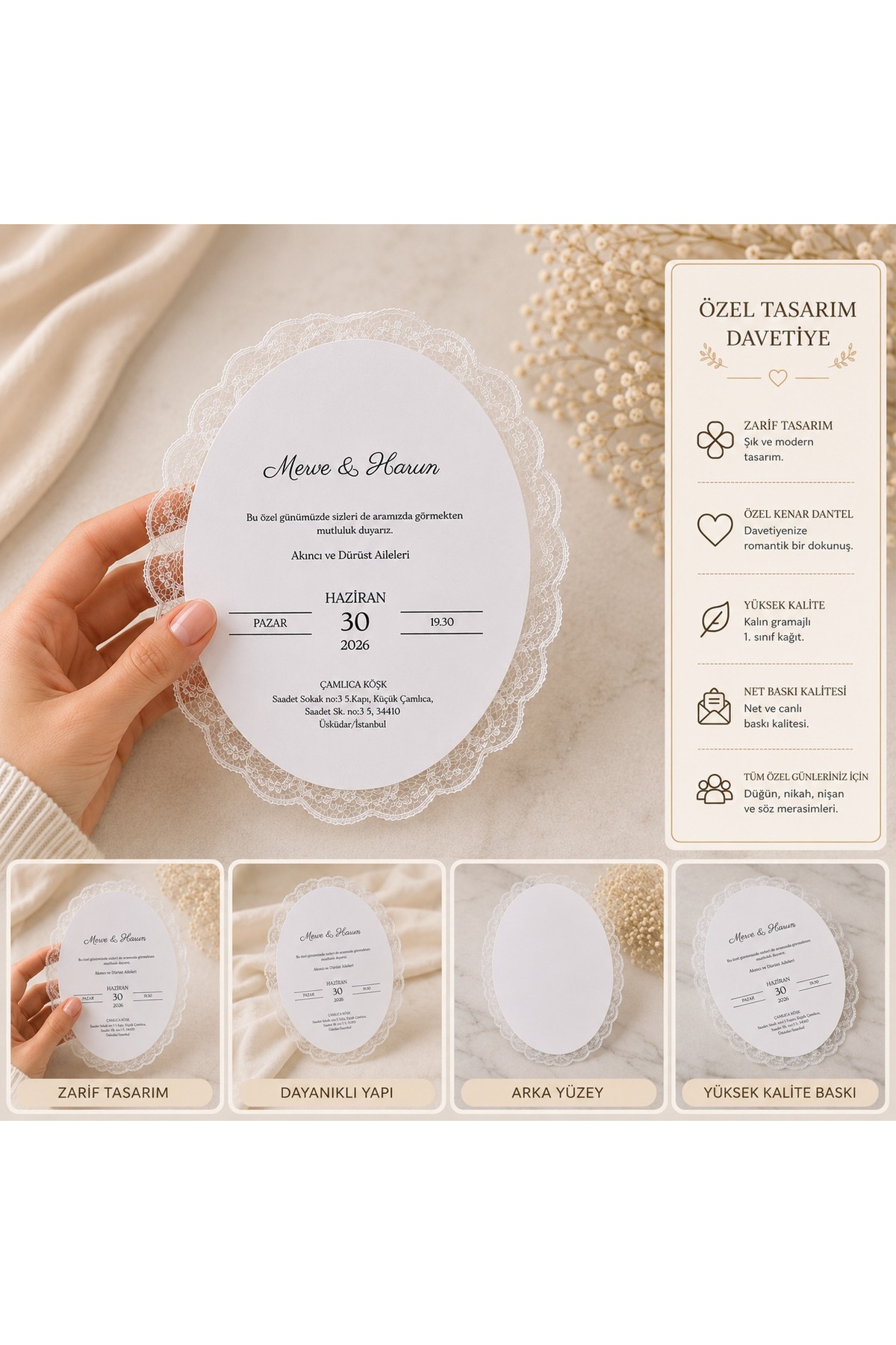 Beyaz Dantel Kenarlı Oval Davetiye | Düğün Nikah Nişan İçin Baskı Dahil 50’li Set