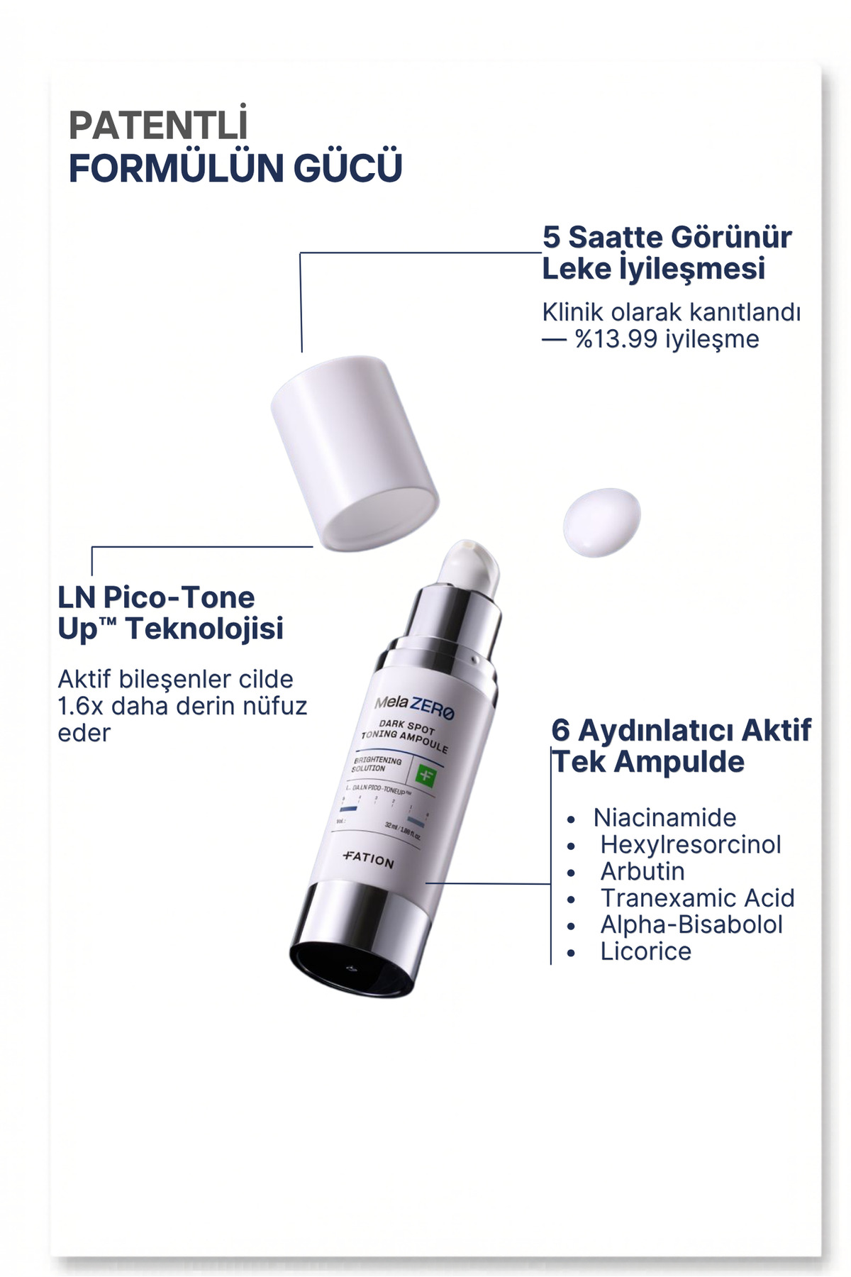 MelaZERO Dark Spot Toning Ampoule | 6'lı Aydınlatıcı Aktif ile Leke ve Hiperpigmentasyon Karşıtı Ampul, 32ml — MZTA32N — تصویر 5 از 8