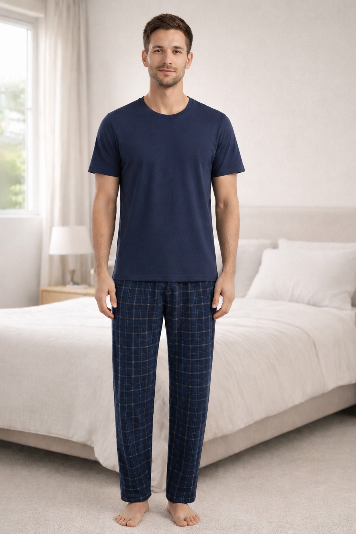 koza iç giyim Erkek Lacivert Kısa Kollu Ekose Desenli Pamuklu Pijama Takımı