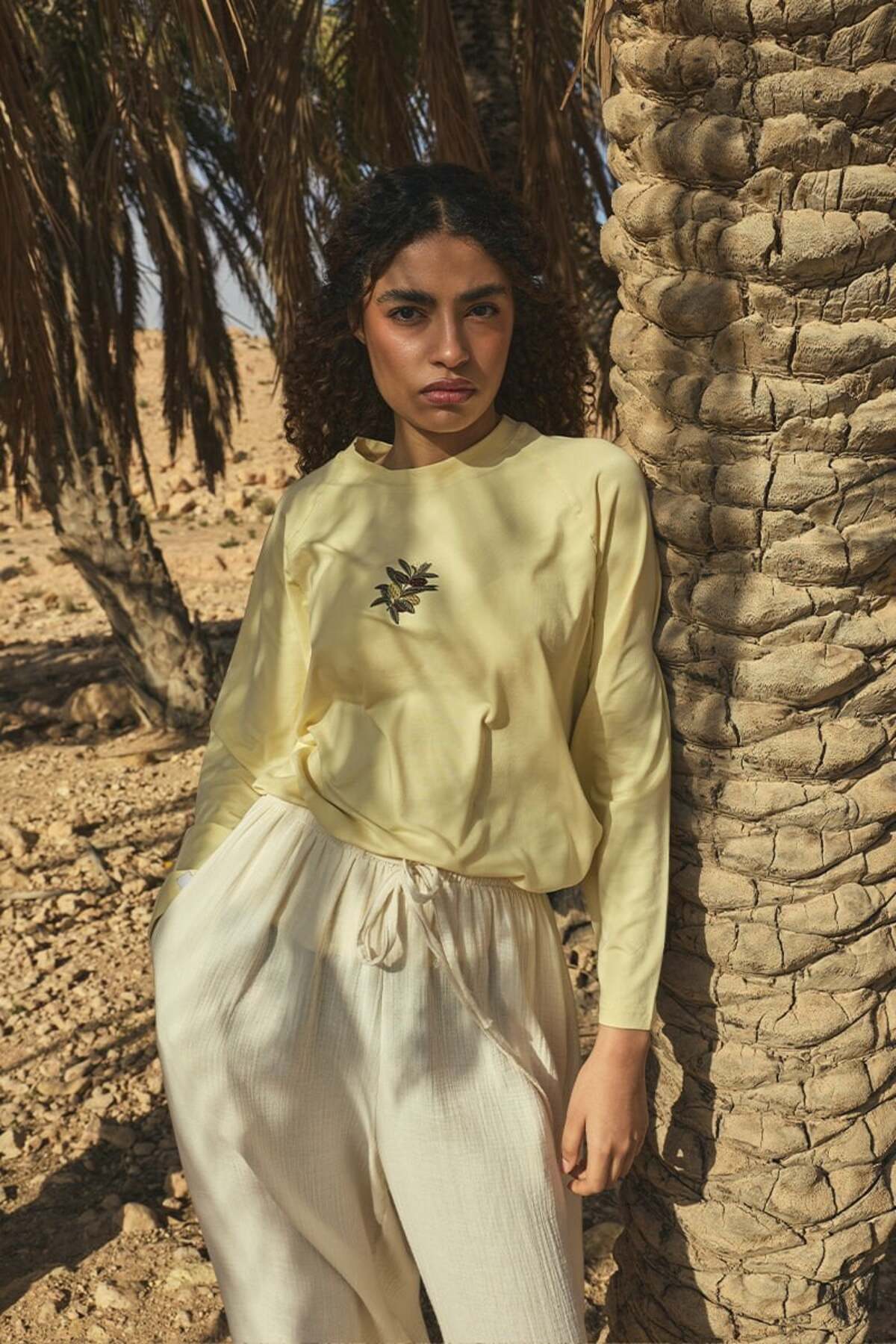 Butter Yellow Olive Embroidered Single Jersey Reglan Sleeve Body