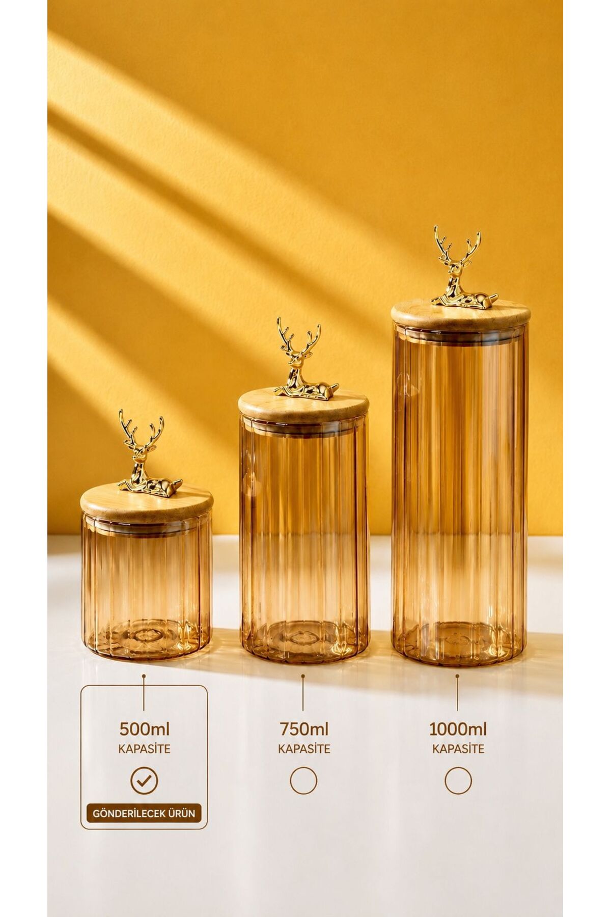 Bamboo Gold Deer Lid Amber Color Cylinder Striped Jar | 3x500ml (SMALL SIZE)