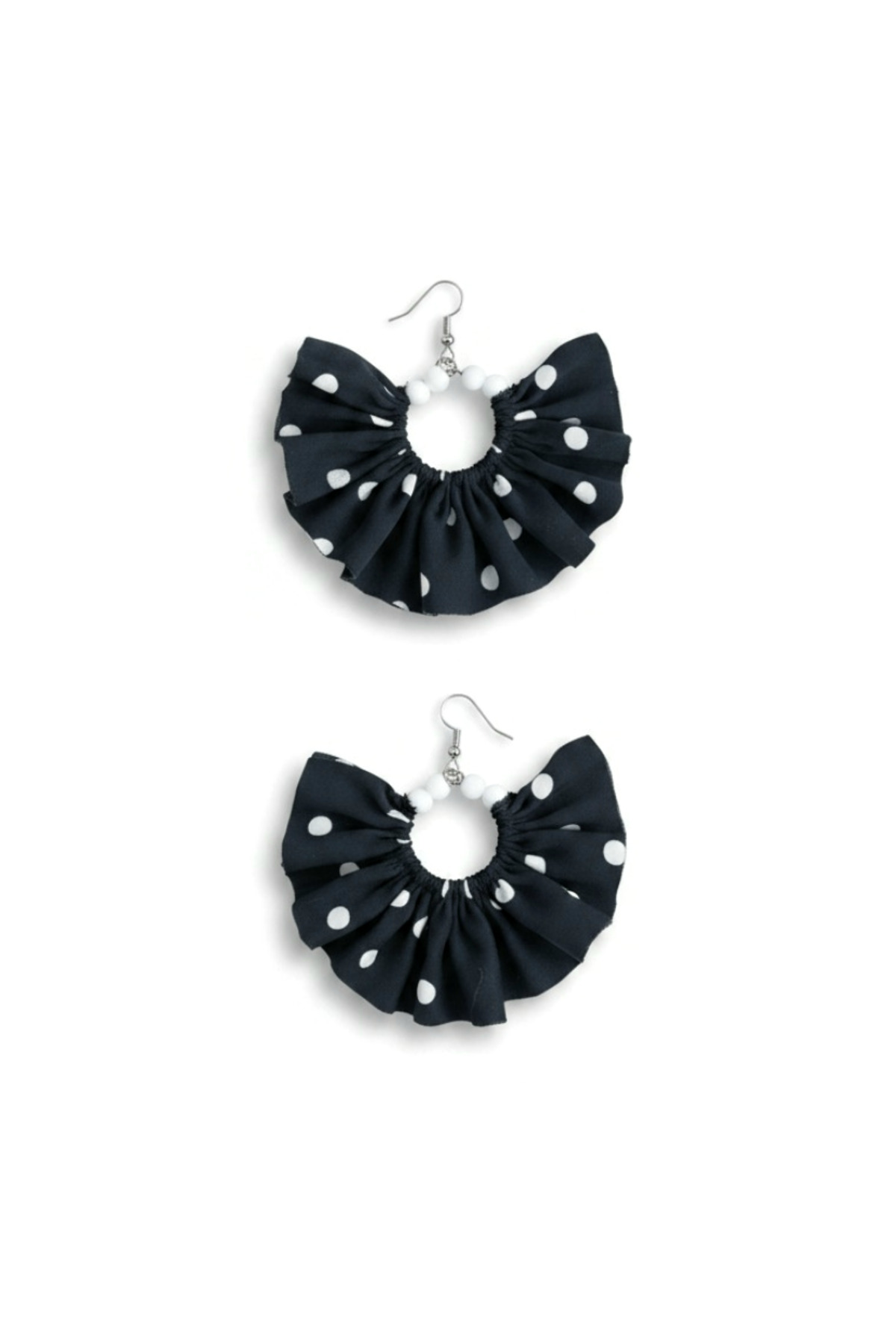 Silver Ring Earrings – Black White Polka Dot Satin Fabric Beaded Design