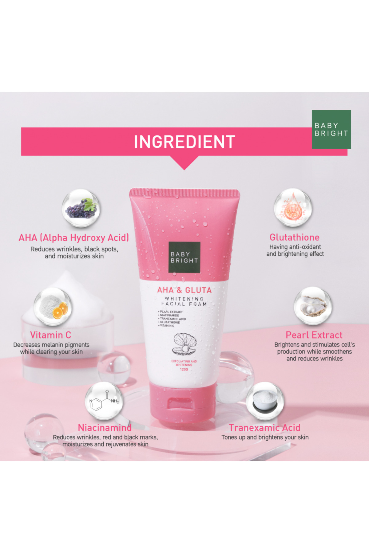 BABY BRIGH Baby Bright Facial Whitening Foam with Lactic Acid and Gluta  Scent 120g- Trendyol