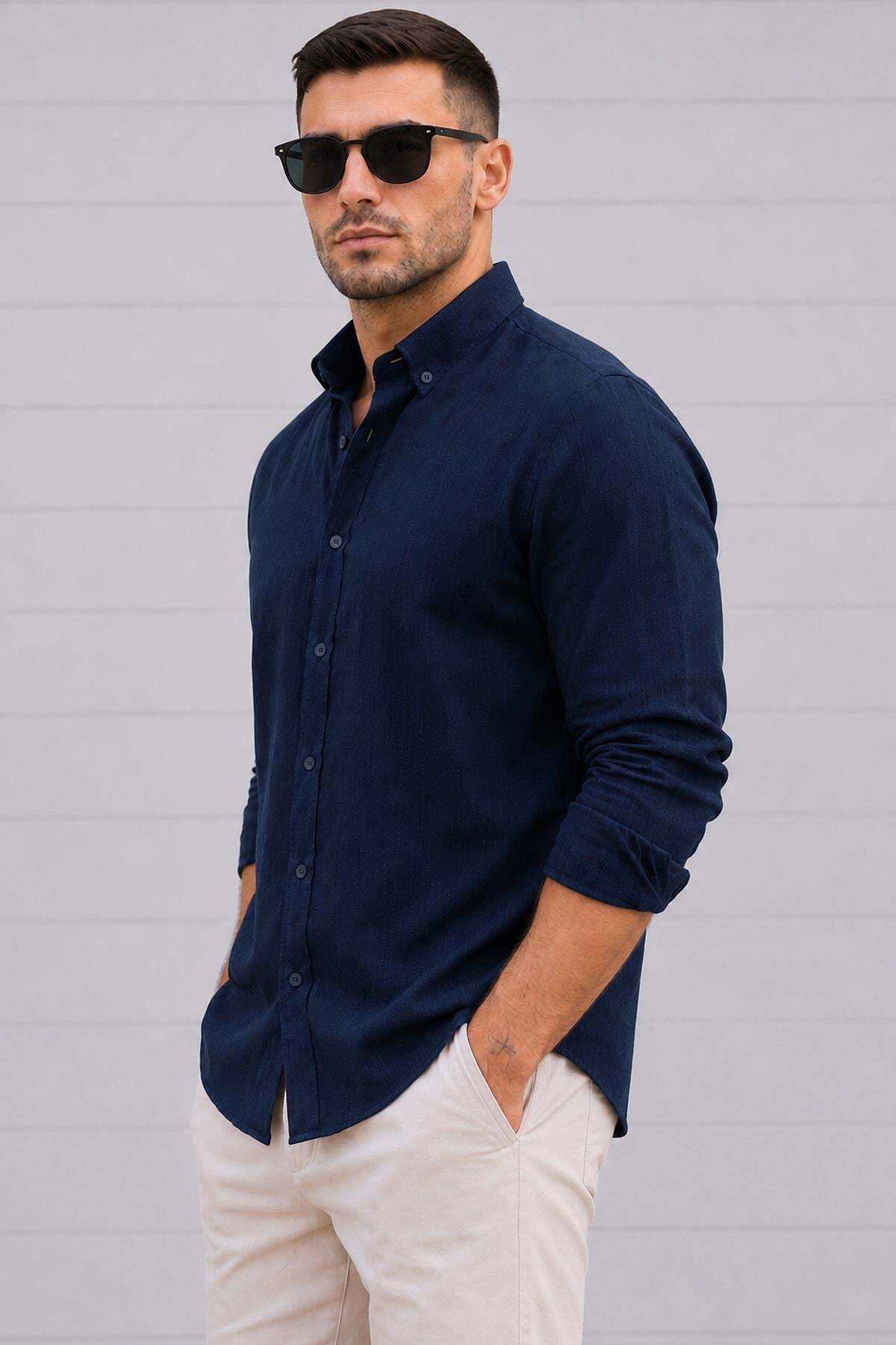 Delpino Long Sleeve Double Cotton Dobby Summer Regular Men's Shirt