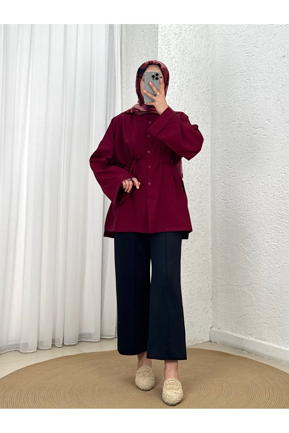 Şeyma Self-Patterned Wide Sleeve Shirt-Çİ943 Burgundy