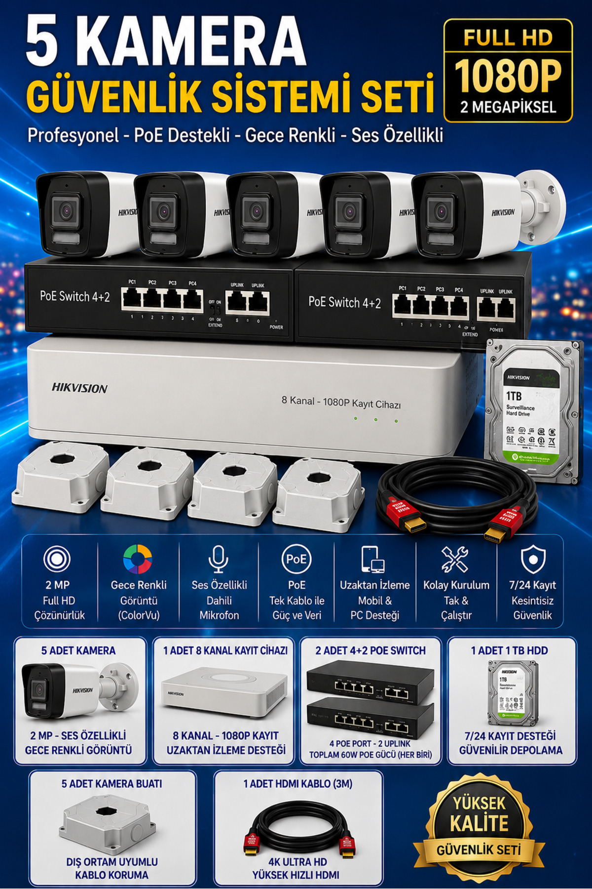 Hikvision 5 Lİ KAMERA SETİ 1 TB HARDDİSK SESLİ IP SET - Fiyatı