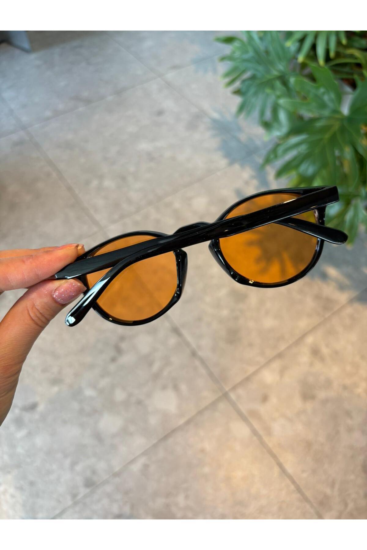 funeyes Brina Yuvarlak Unisex Siyah Turuncu Camlı Güneş Gözlüğü Erkek Kadın görsel 6