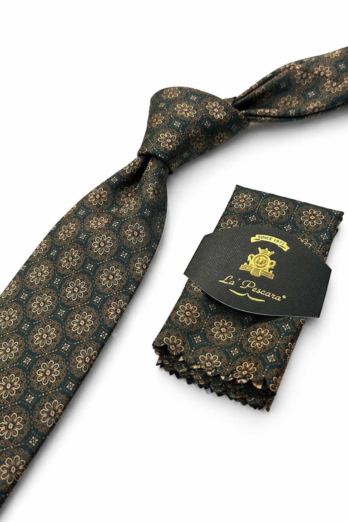 Kravatkolik Yeşil - Sarı Motif Desen Mendilli Klasik Kravat KK13703 görsel 4