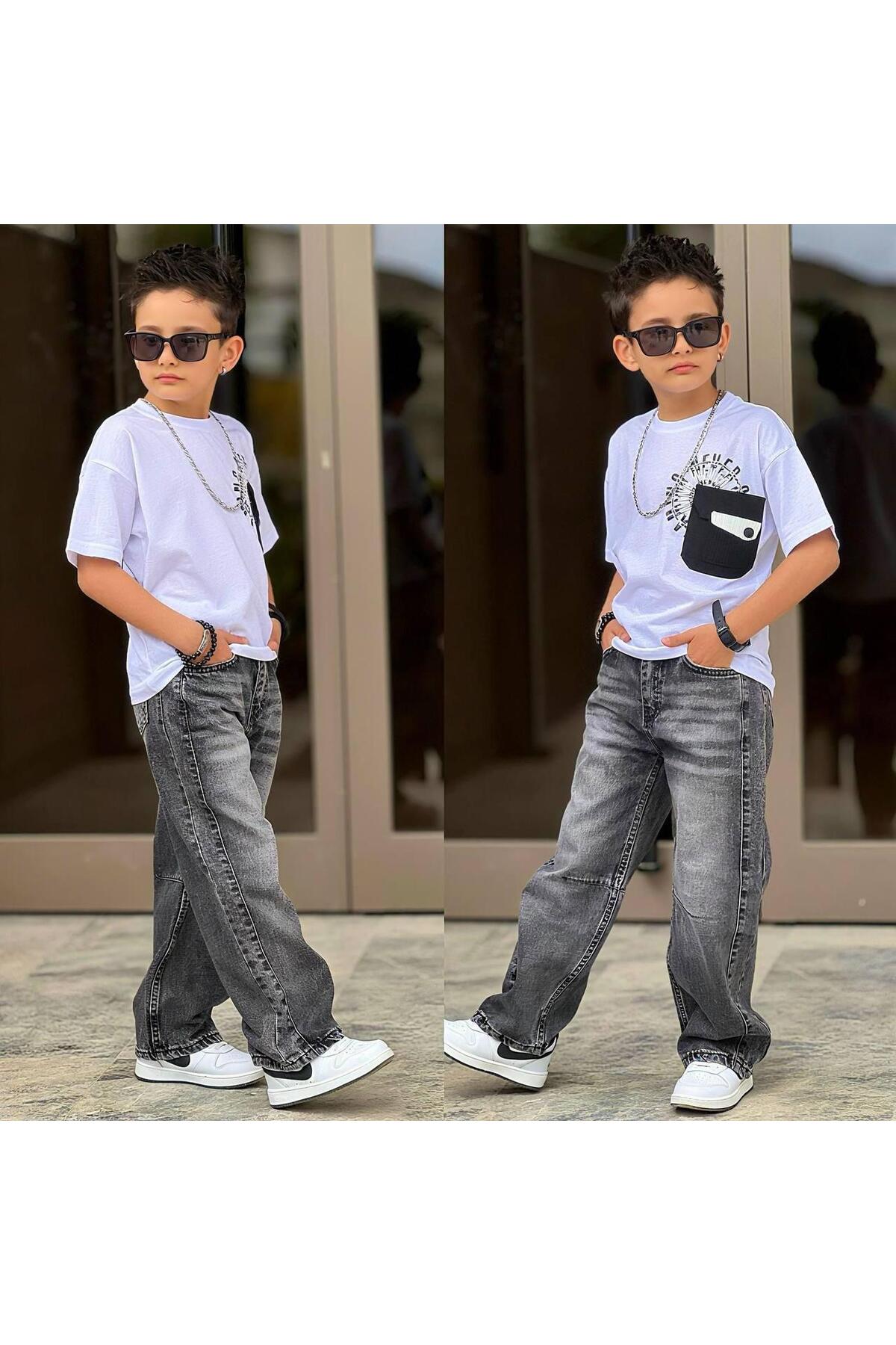 Boys Pocket Detailed Oversize White T-Shirt Jean Pants Combination2643-1S
