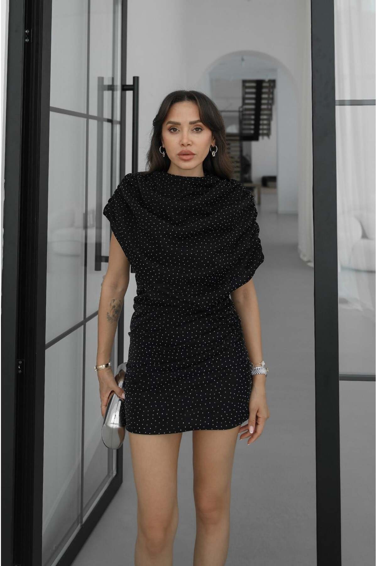 Black Stone Embroidered Draped Dress