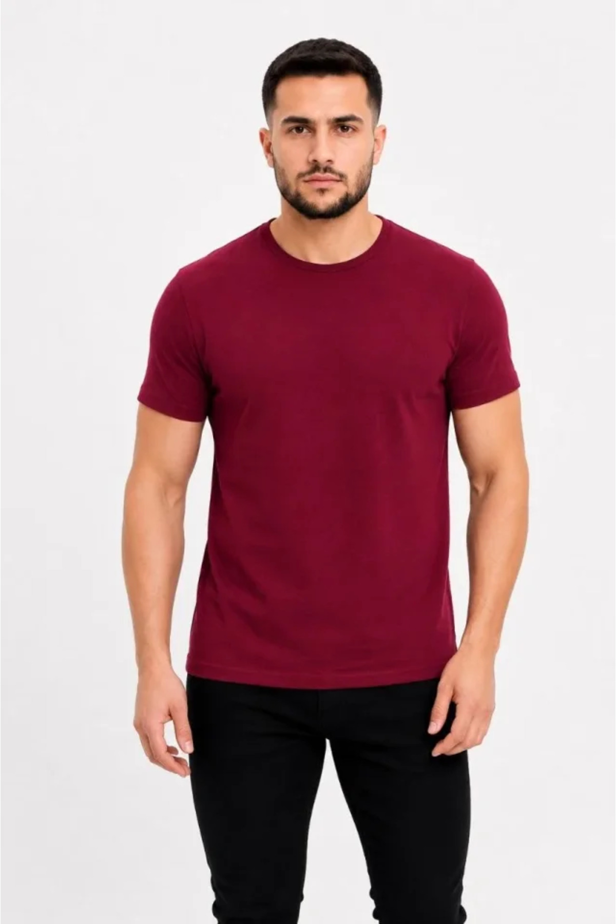 Erkek Basic Tişört Bisiklet Yaka Kısa Kol Günlük Yazlık Slim Fit T-Shirt - Bordo alternatif görünüm