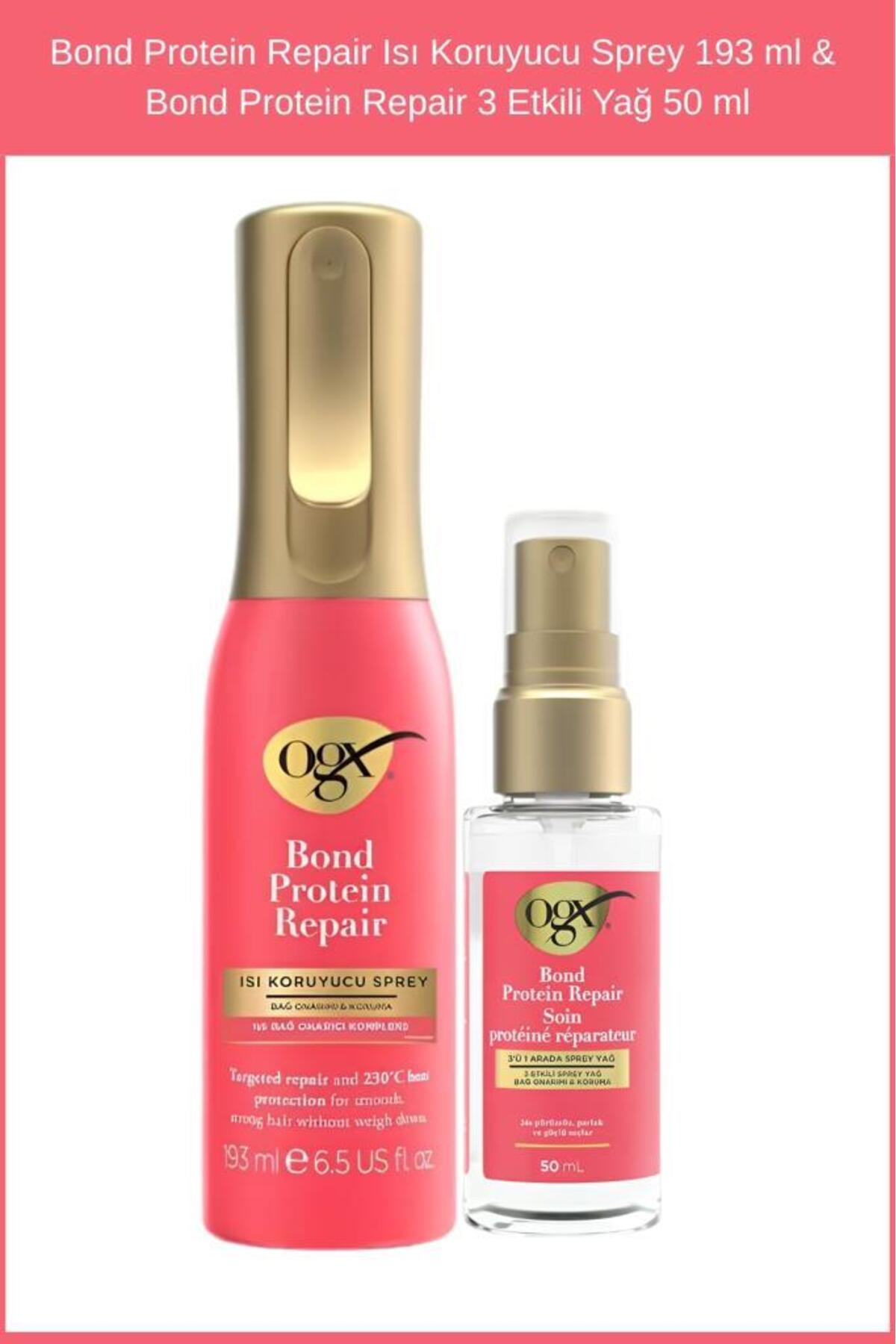OGX Bond Protein Repair Isı Koruyucu Sprey 193 ml & Bond Protein Repair 3 Etkili Yağ 50 ml — SET.CRE.10
