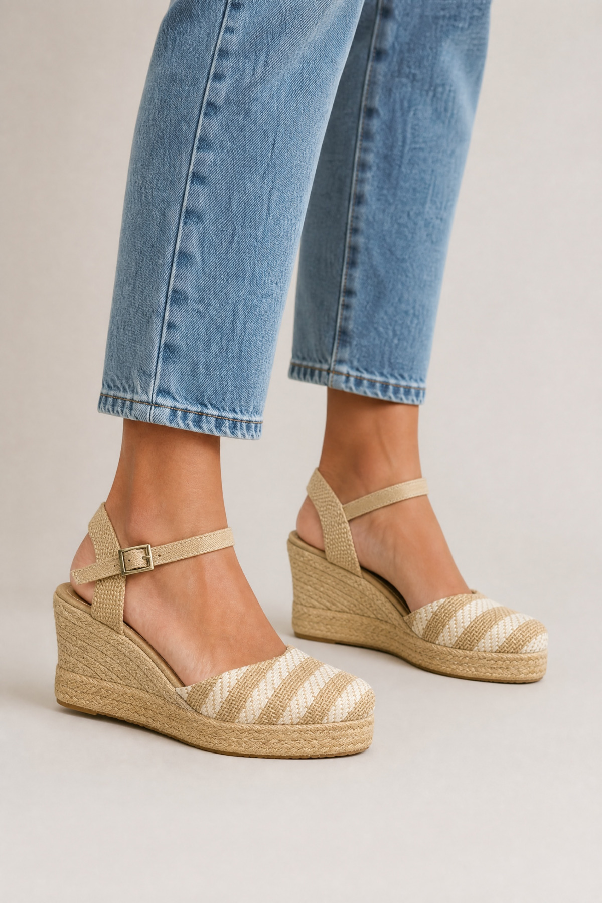 Y&D Shoes Doğal Hasır Çizgili Dolgu Topuk Espadril görsel 3