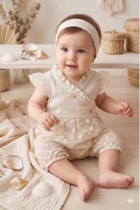 miomini Kız Bebek Ahşap Düğmeli Dantelli Tulum-3-6-9-12 (AY)