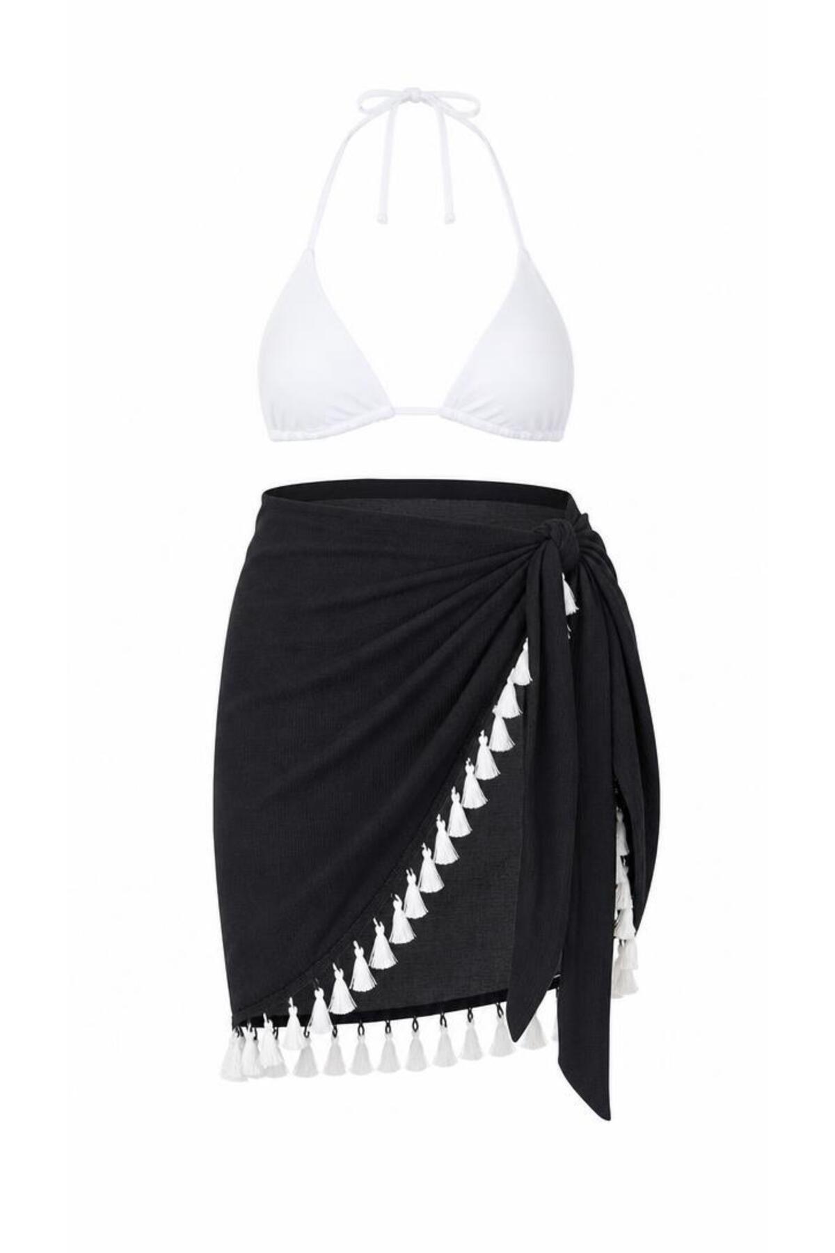 Pareo Black White Tasseled Beachwear