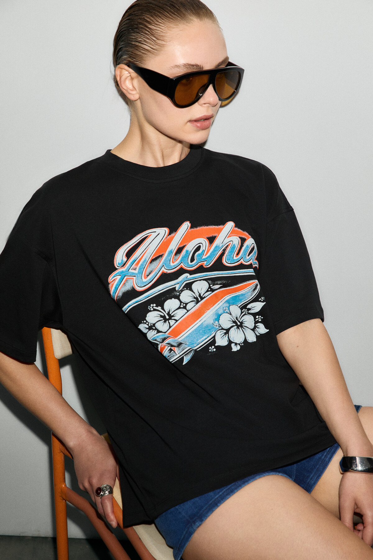 GRIMELANGE MECHELENA Kadın %100 Organik Pamuklu Yuvarlak Yakalı Baskılı Siyah T-Shirt görsel 2