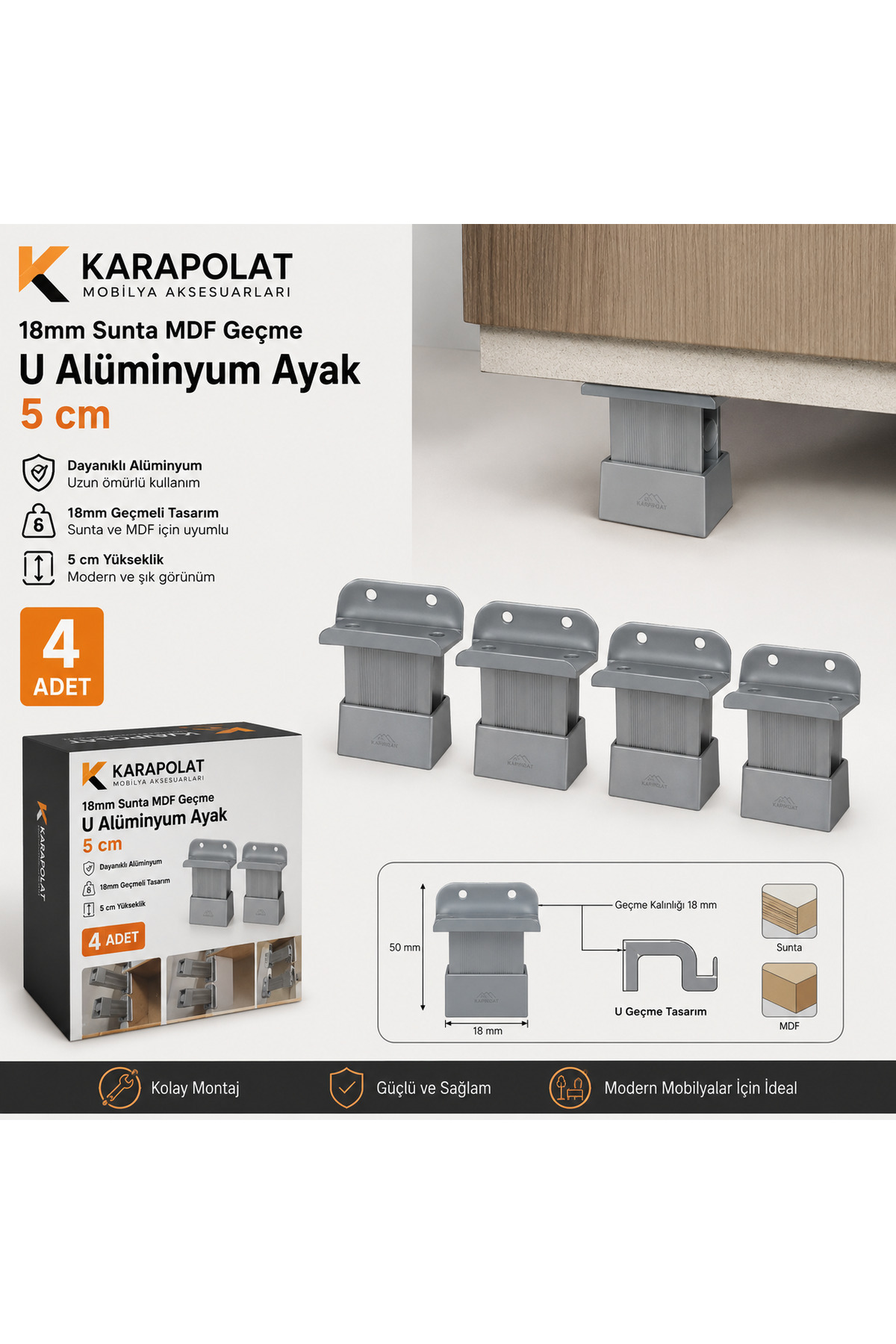 4 Pieces 18mm Chipboard-Mdf Snap U Aluminum Legs 5-8-10-12 cm