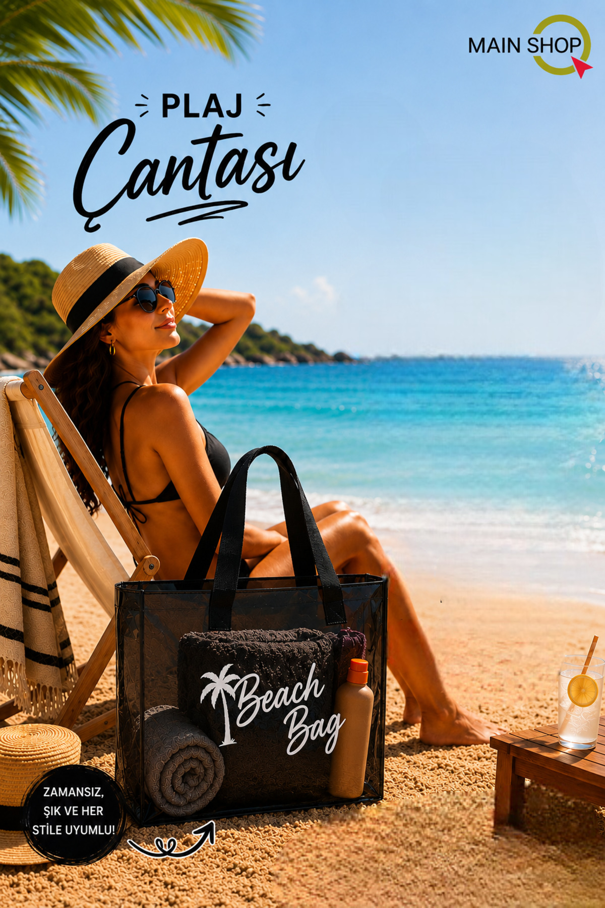 MAİN SHOP Büyük Boy Beach Bag Siyah Şeffaf Deniz Plaj Çantası M-PLJ02 görsel 6