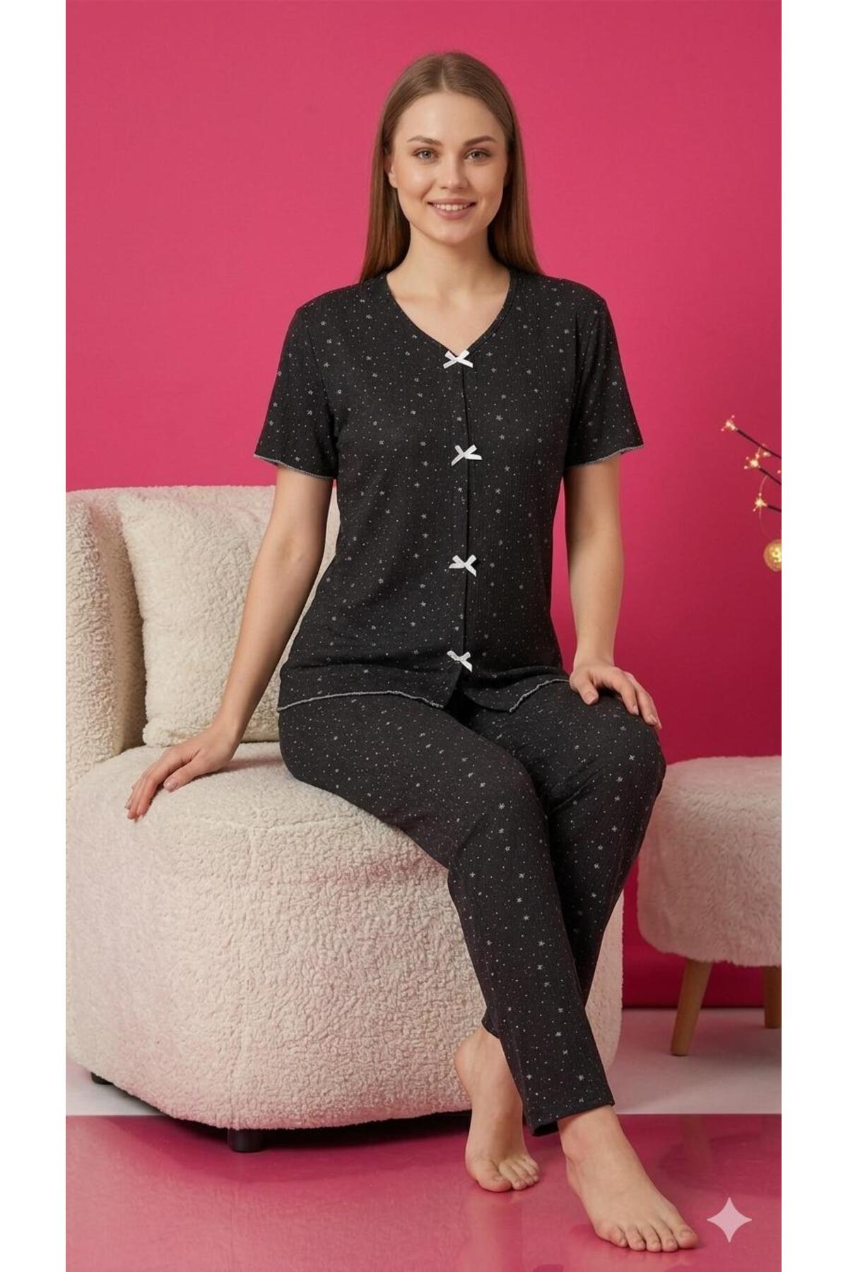 fameshomewear Summer Black and White Star Patterned Short Sleeve Combed Cotton 100% Cotton Pajama Set
