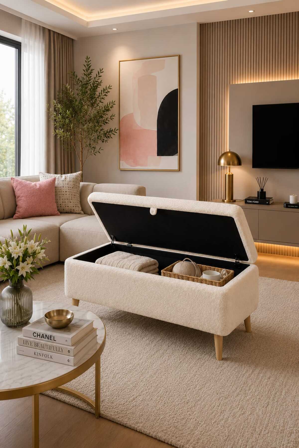 FİONA 90 CM LARGE POUFFE BENCH ARMCHAIR WITH NATURAL WOOD LEGS AND PLUSH FABRIC