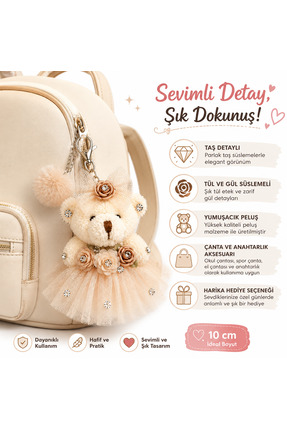 reyselstyle BEJ RENGİ TÜL ELBİSELİ PELUŞ AYI ANAHTARLIK