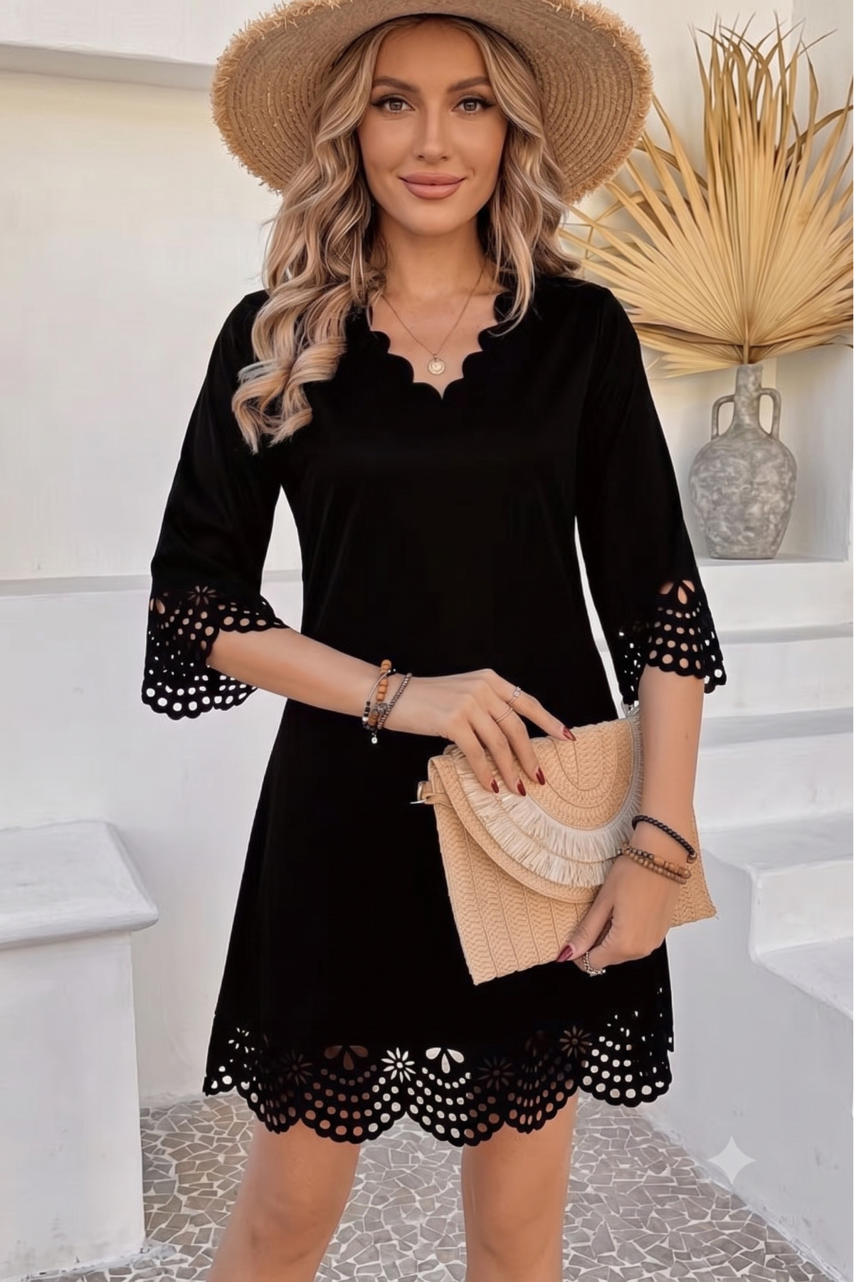 New Season Women Short Sleeve V-Neck Laser Cut Floral Pattern Short Imported Crepe Dress