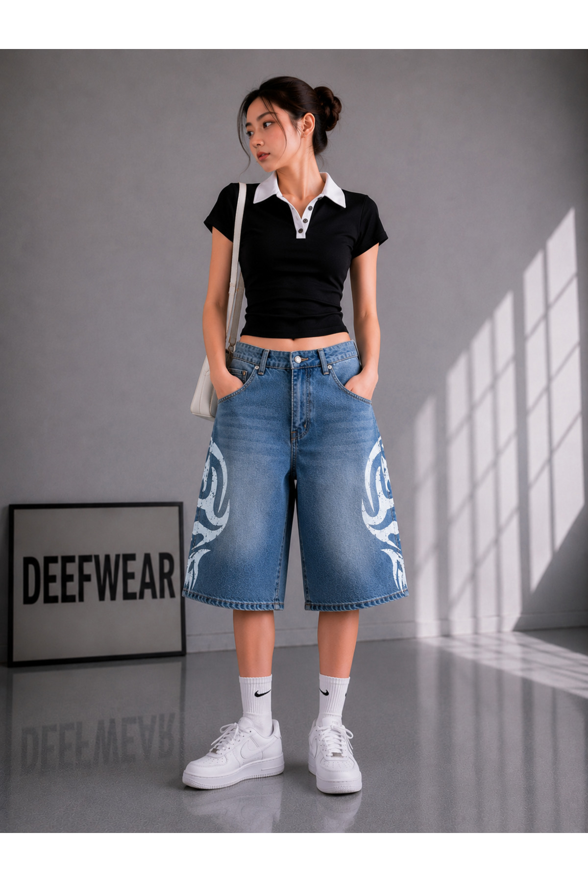 Y2K EMBROIDERED BAGGY JEAN SHORTS BERMUDA/SHORT SLEEVE