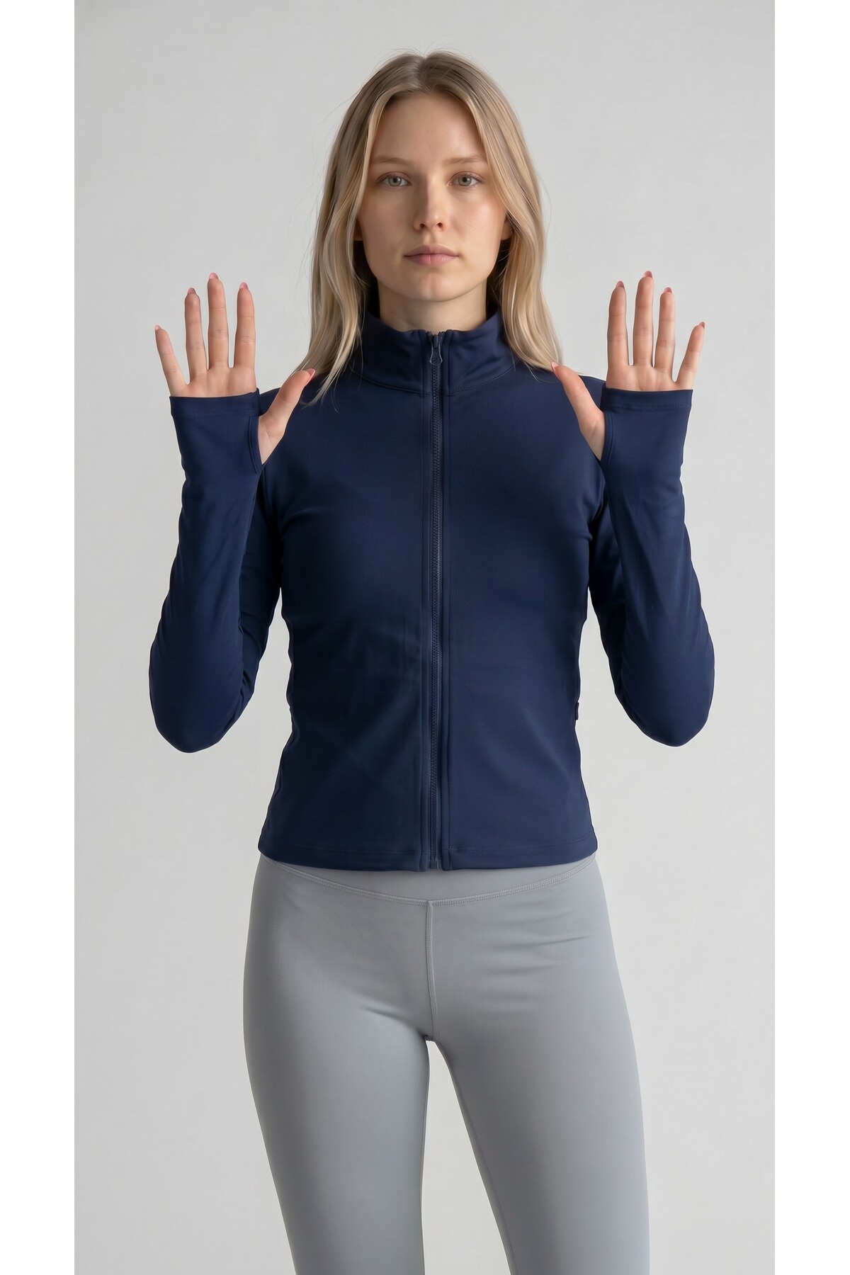 RİVARAPREMIUM Kadın Lacivert Dik Yaka Fermuarlı Slim Fit Aktif Spor Ceketi - Parmak Geçirmeli (Mom Parmak Koşu ve Fitness Üstü görsel 2