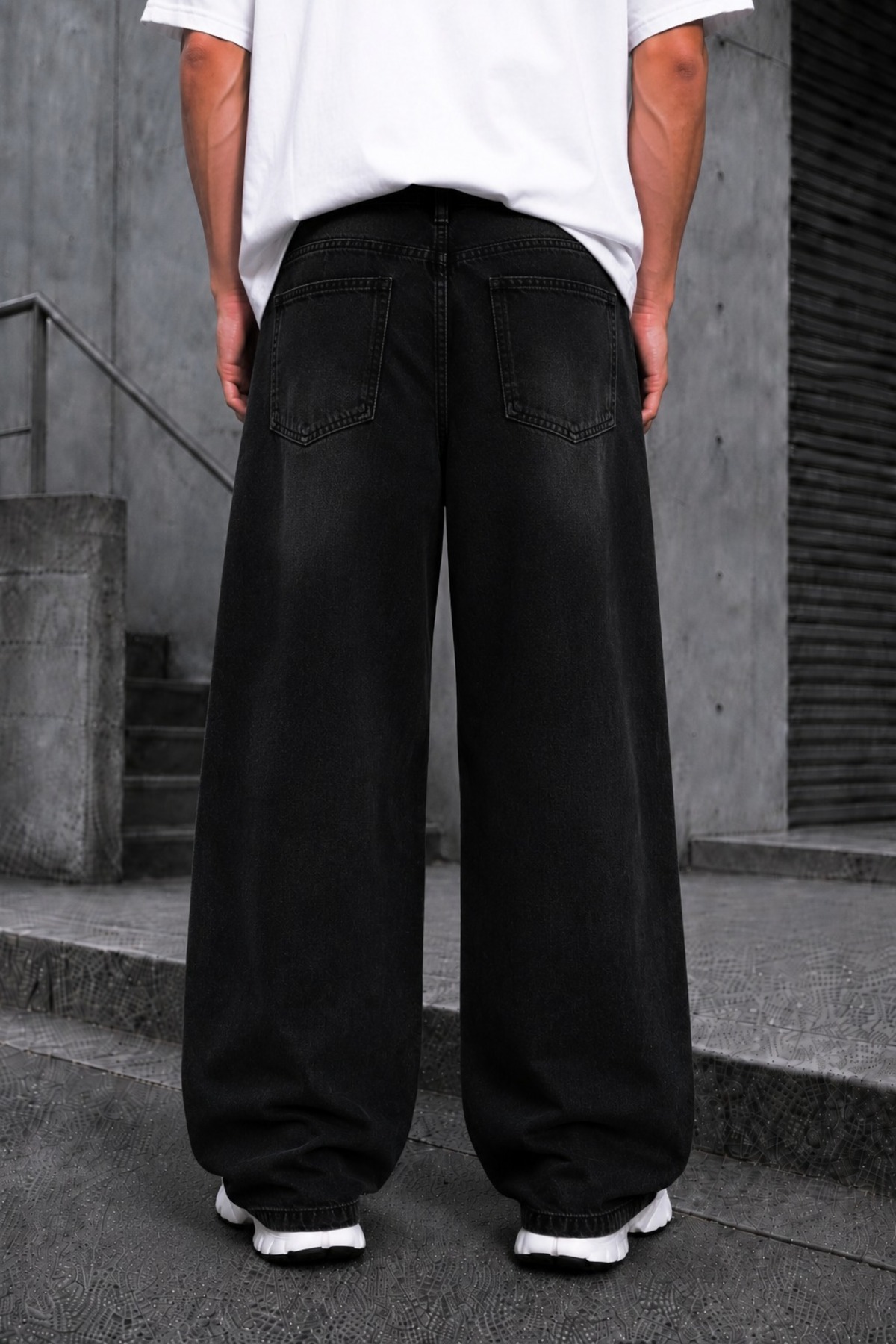 Ser Joven Erkek Siyah Taşlamalı Baggy Fit Geniş Kesim Jean Pantolon görsel 2